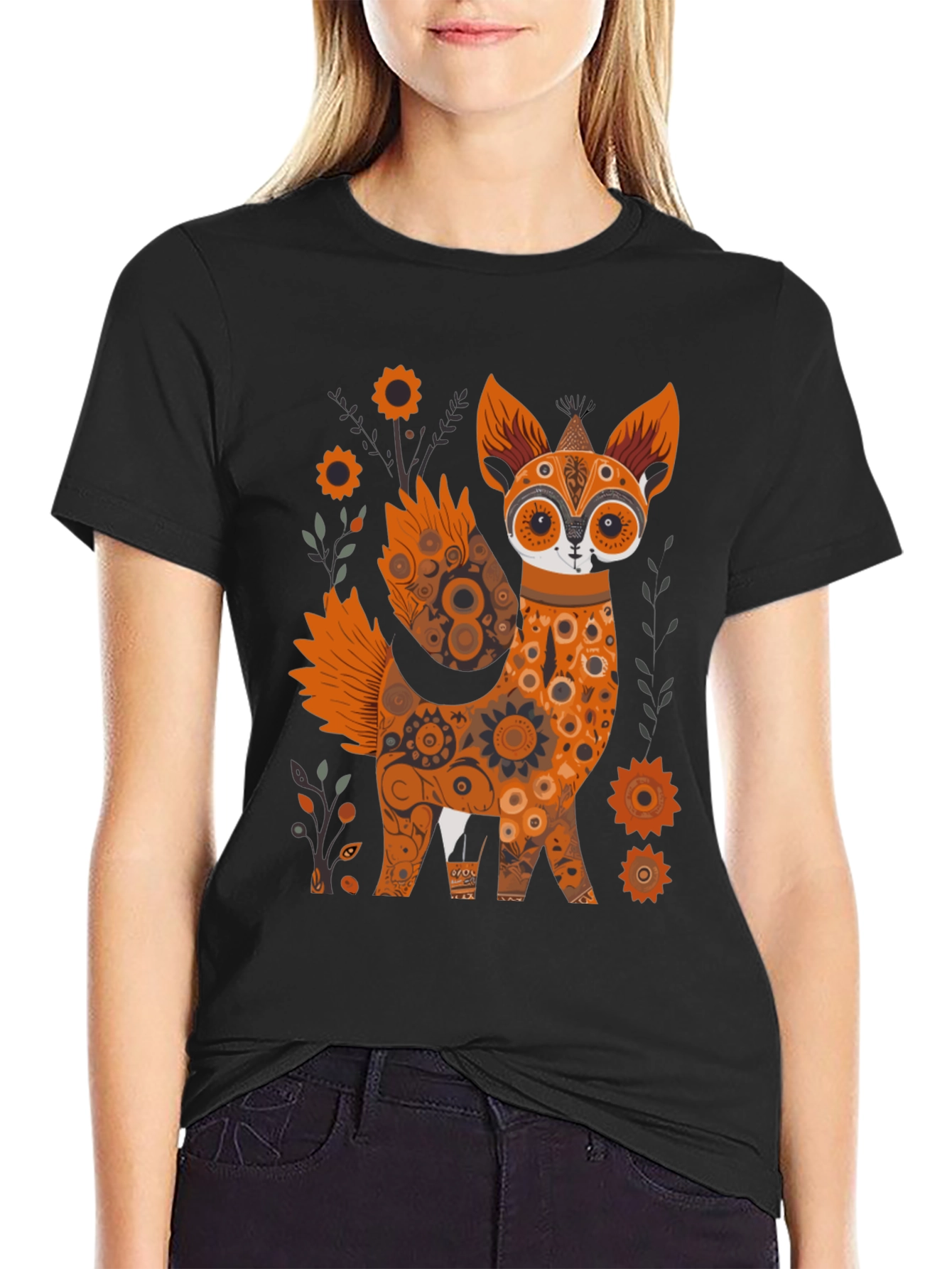 Floral Fox Graphic Black T-Shirt - Unique Design