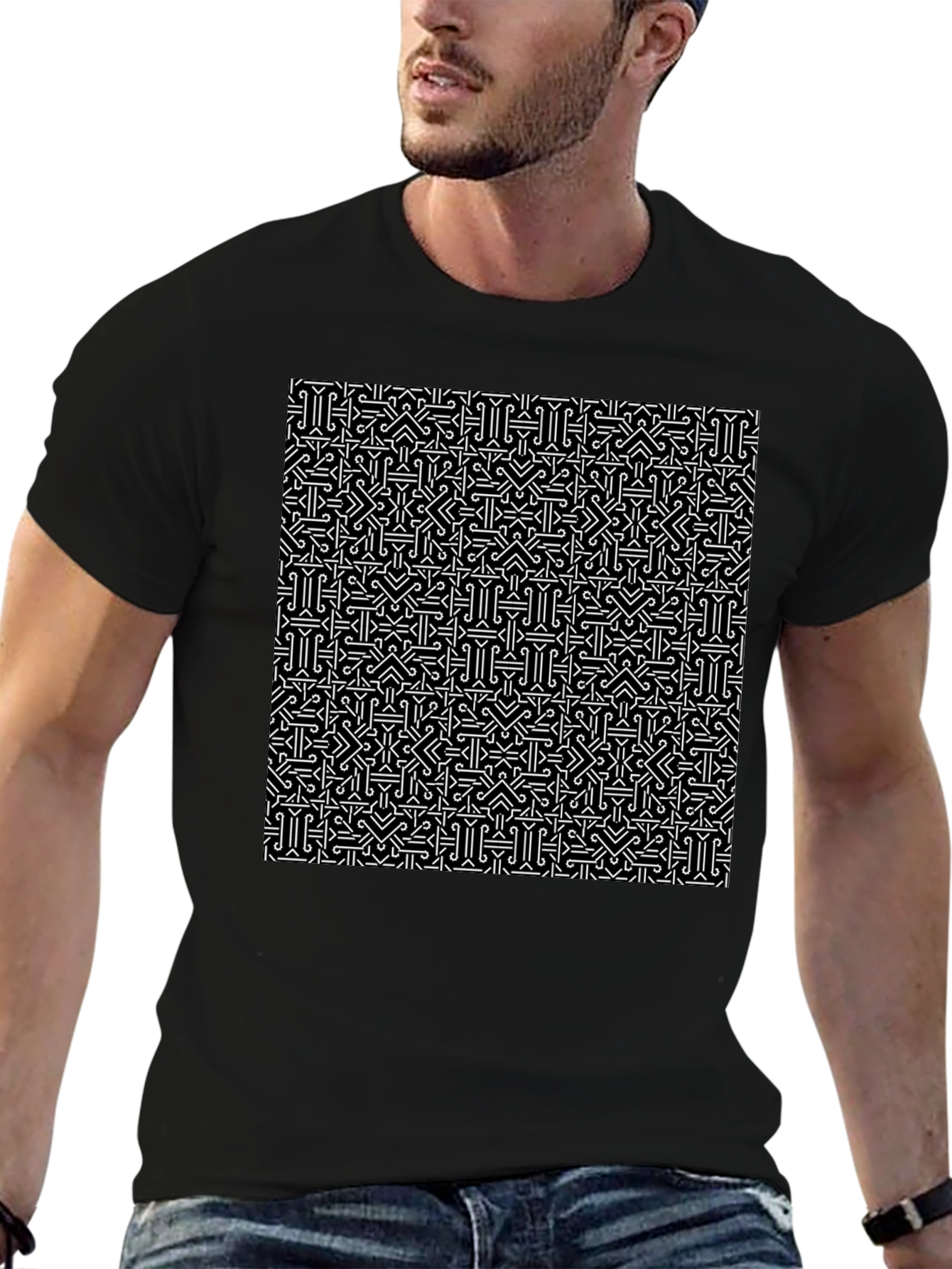Patterned Black T-Shirt - Geometric Design