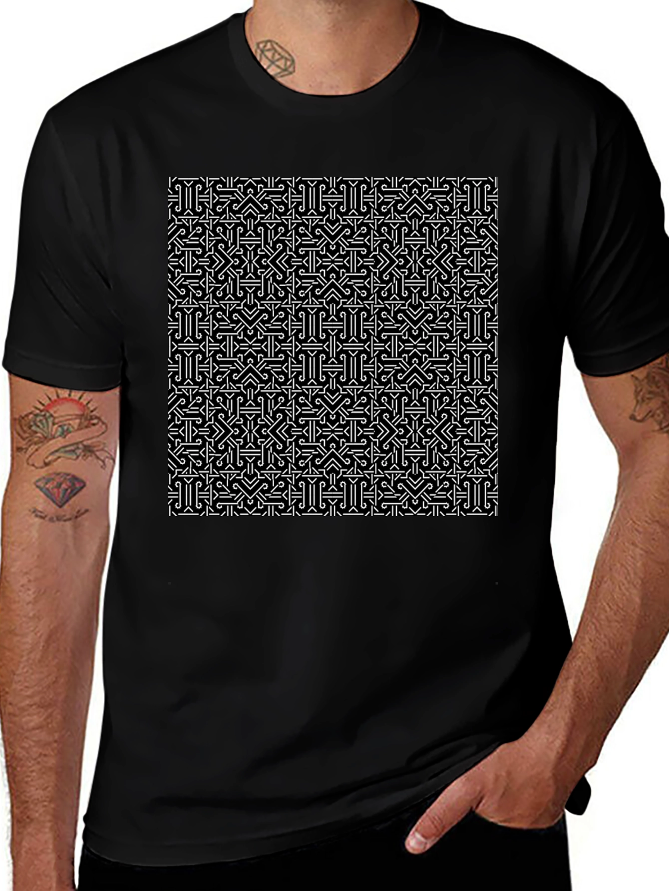 Patterned Black T-Shirt - Geometric Design