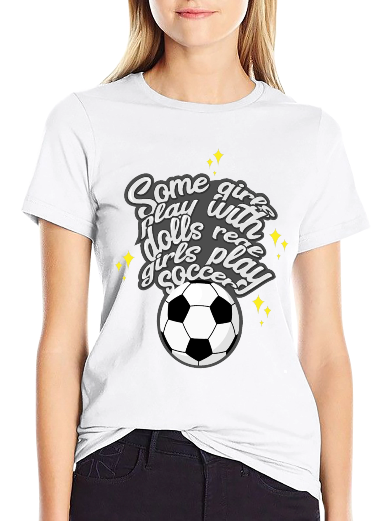 Girls Play Soccer T-Shirt - Black Crew Neck Tee
