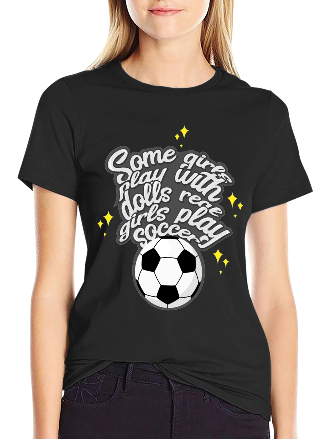 Girls Play Soccer T-Shirt - Black Crew Neck Tee