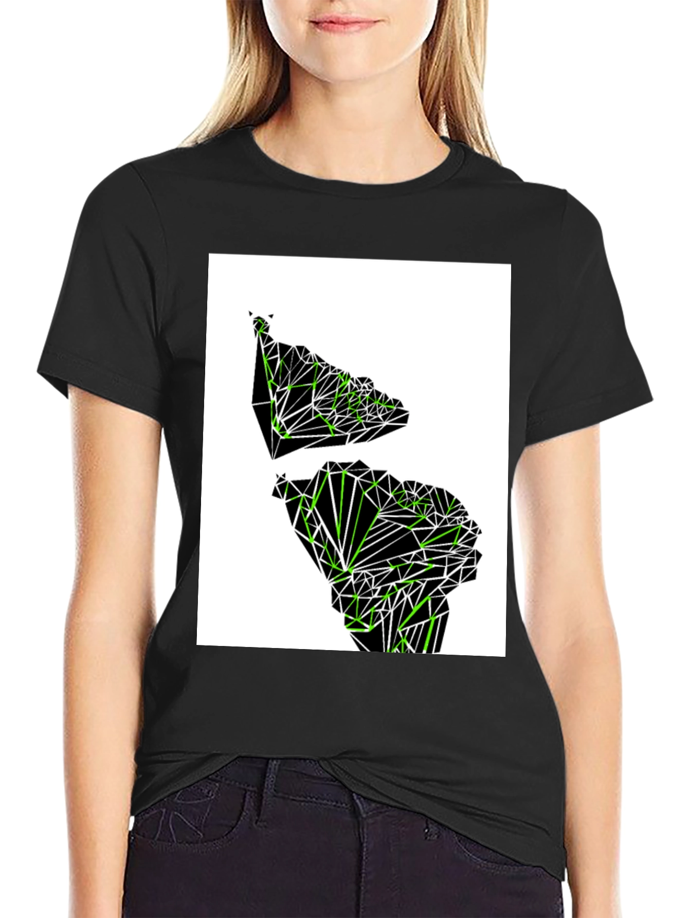 Geometric Green Continent Graphic Tee - Black