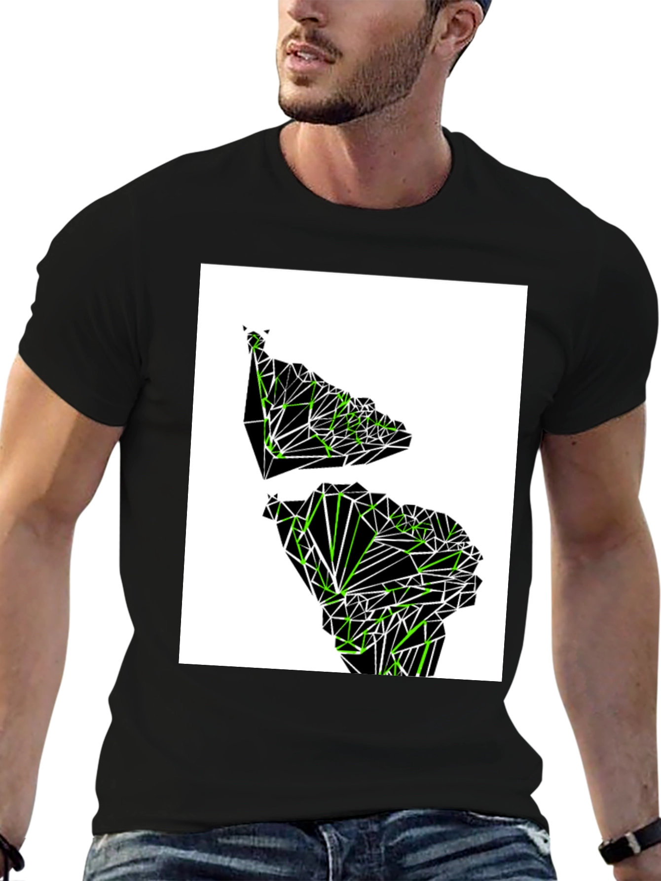 Geometric Green Continent Graphic Tee - Black
