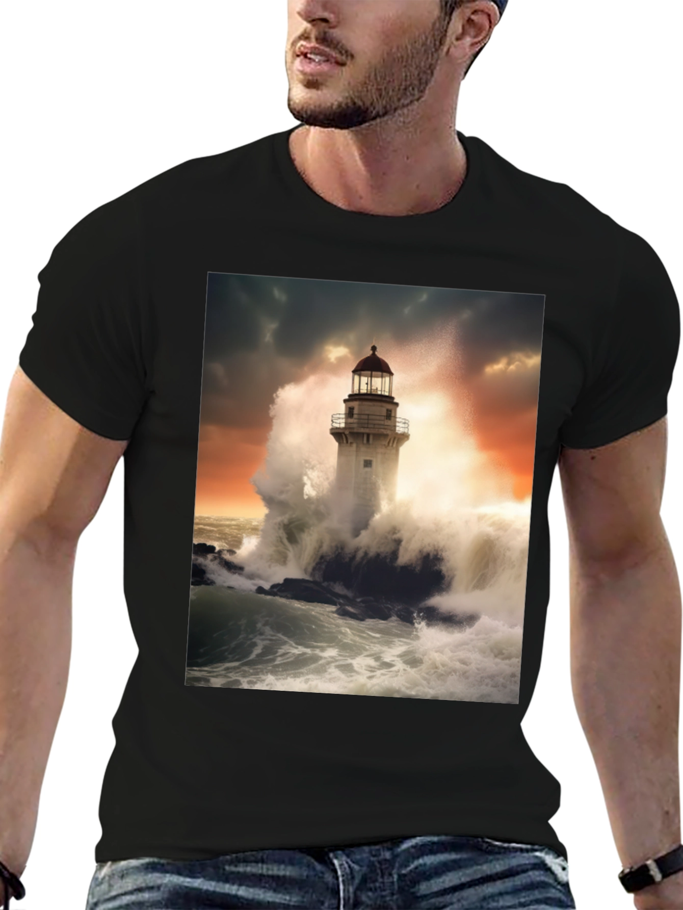 Lighthouse Wave T-Shirt - Stormy Sea Design