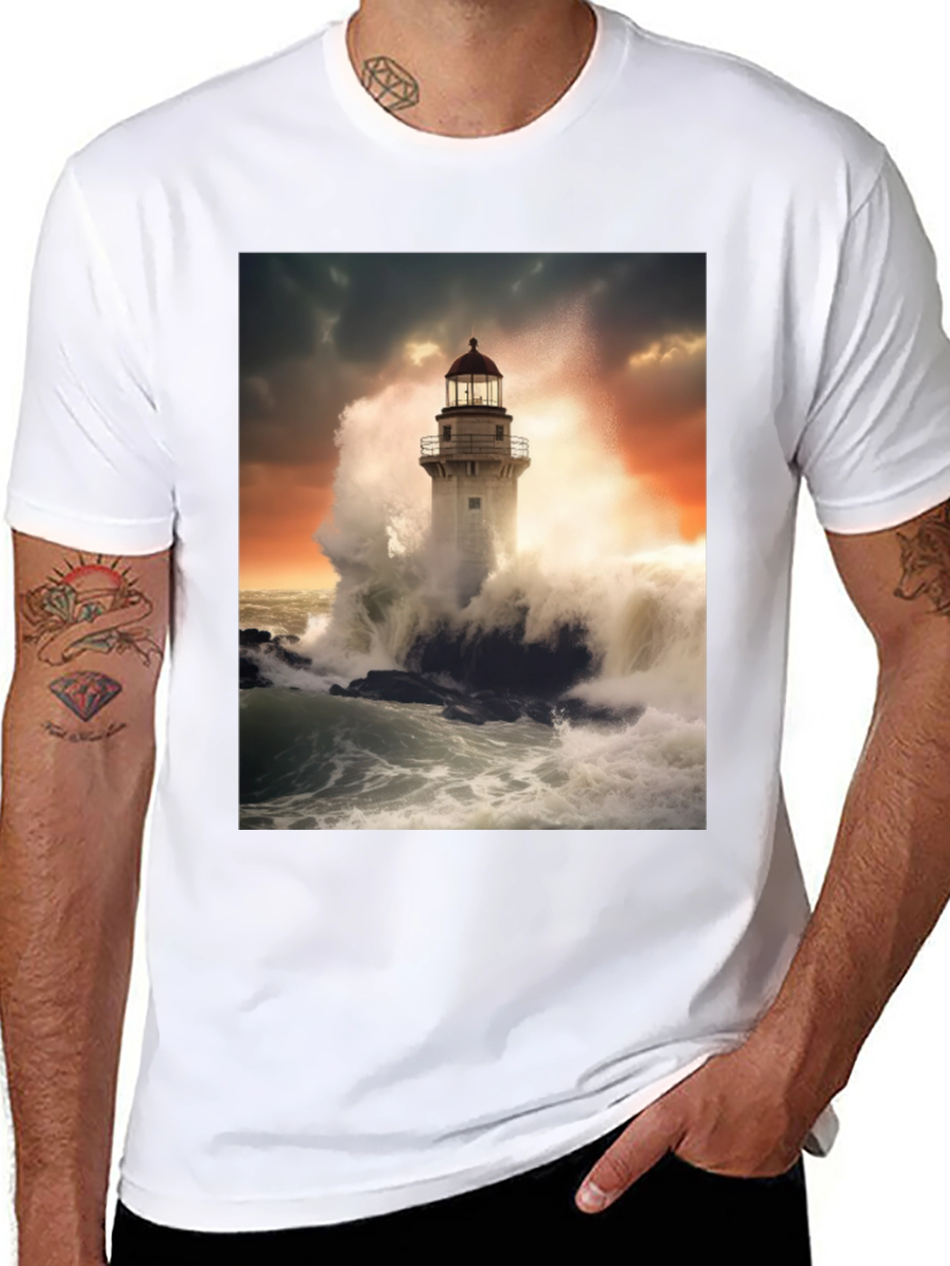 Lighthouse Wave T-Shirt - Stormy Sea Design