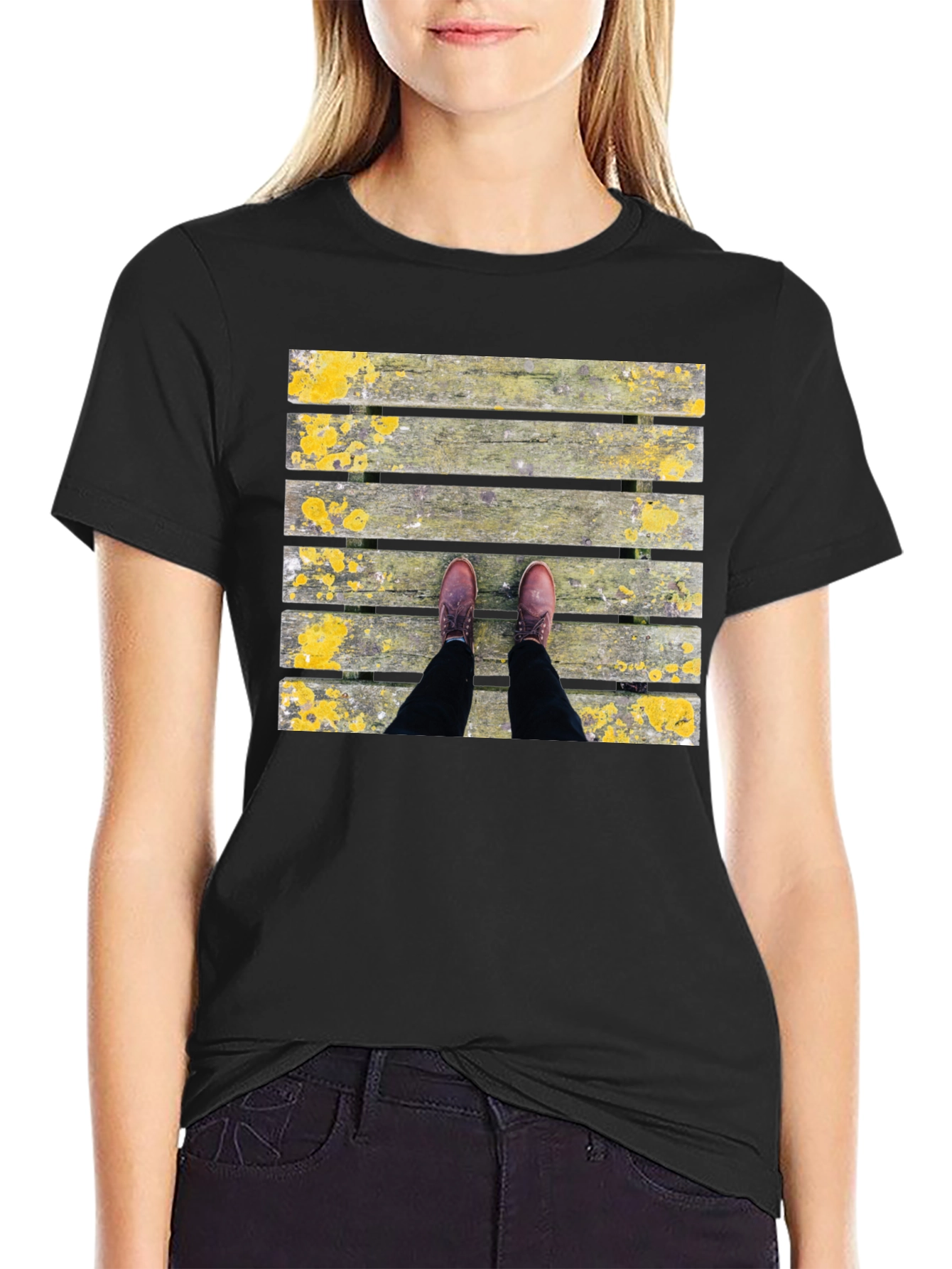 Wooden Plank Print Black T-Shirt
