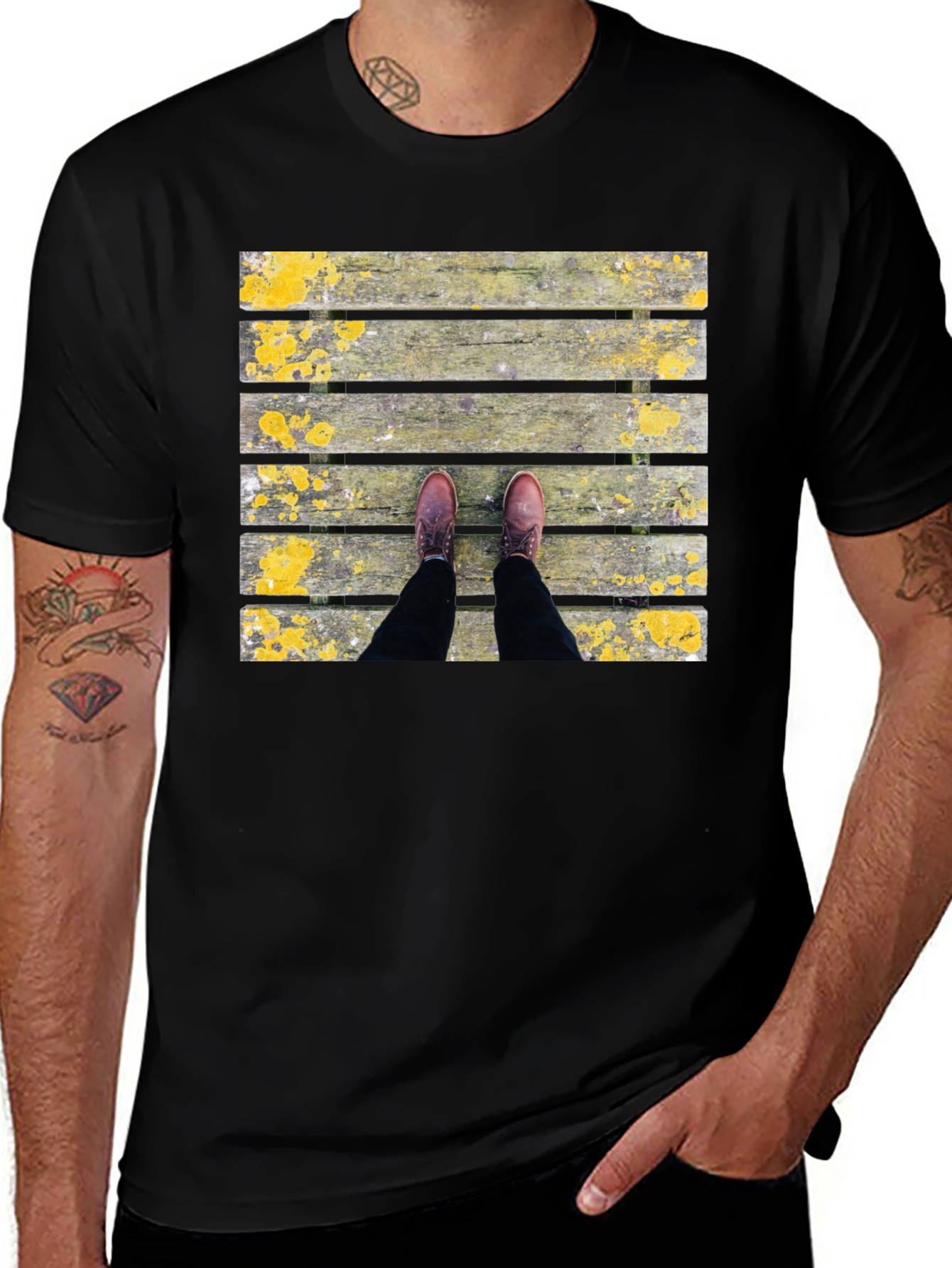 Wooden Plank Print Black T-Shirt