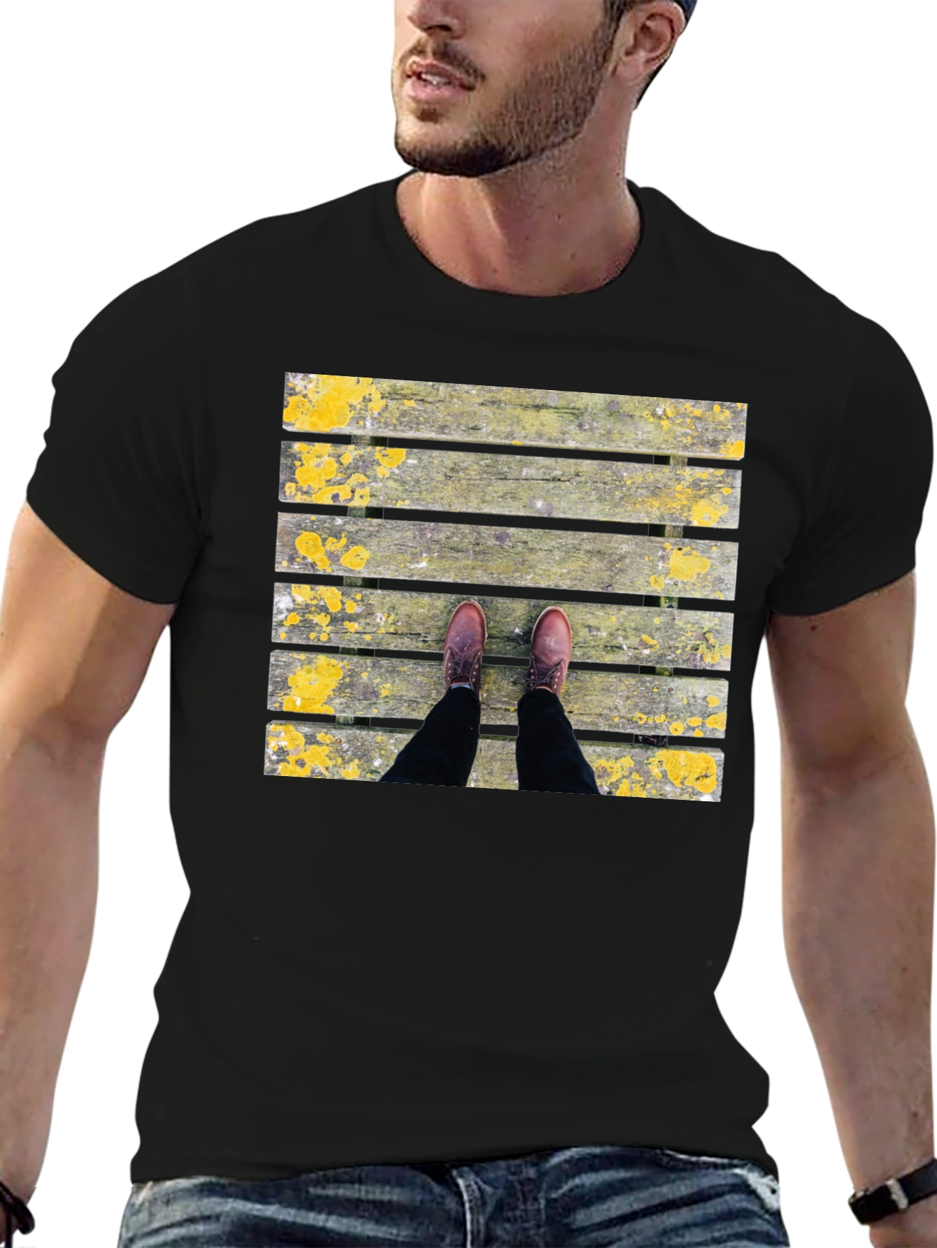 Wooden Plank Print Black T-Shirt
