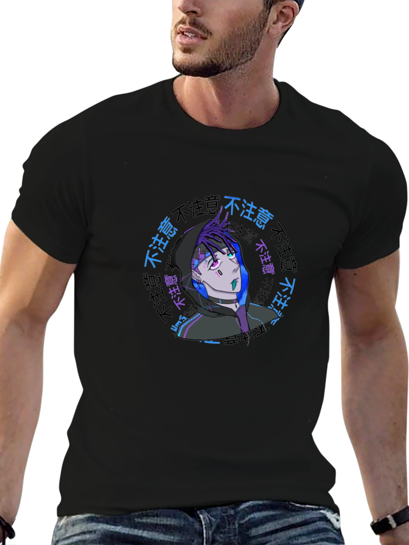 Anime Graphic Print Black T-Shirt