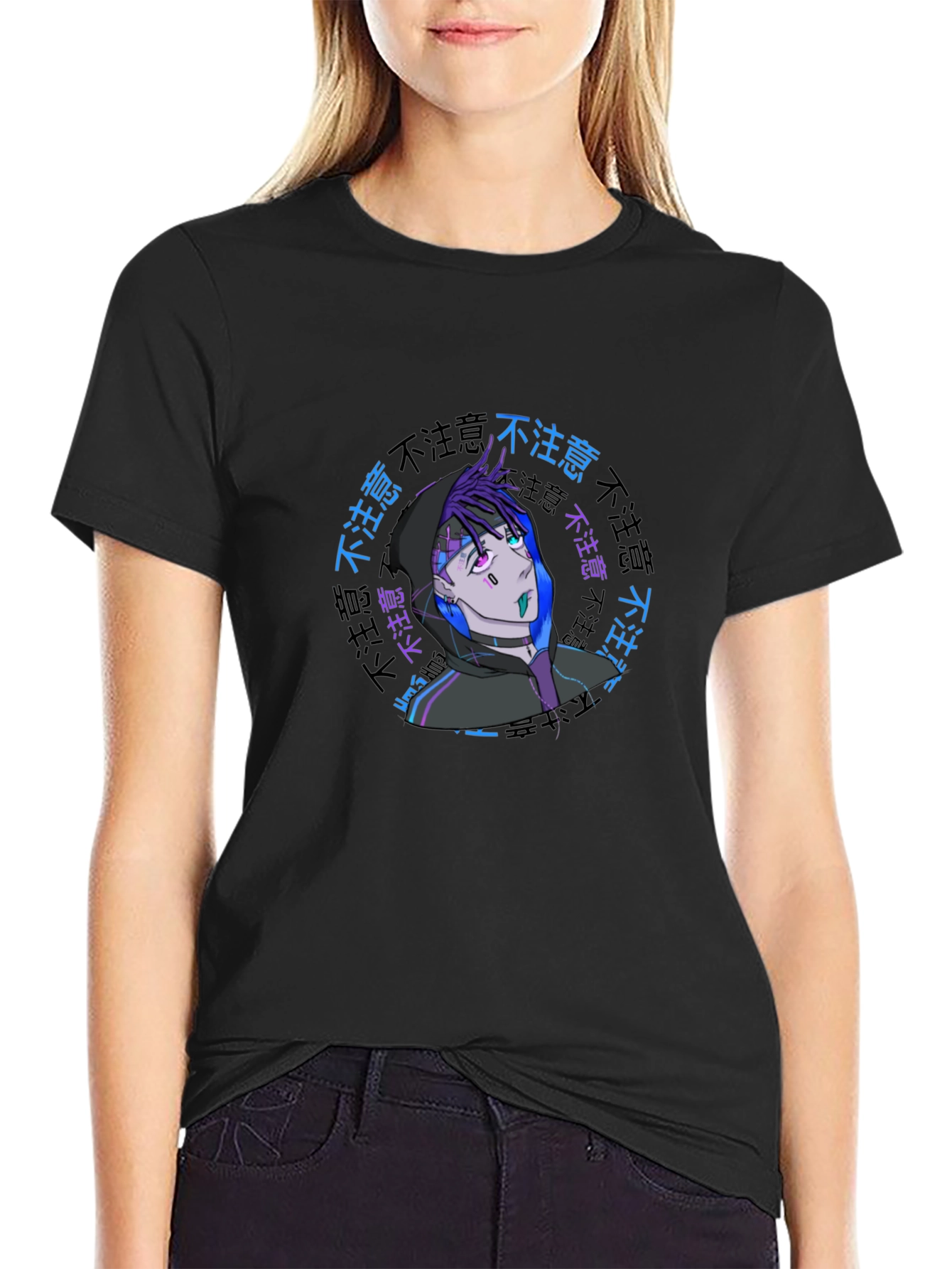 Anime Graphic Print Black T-Shirt