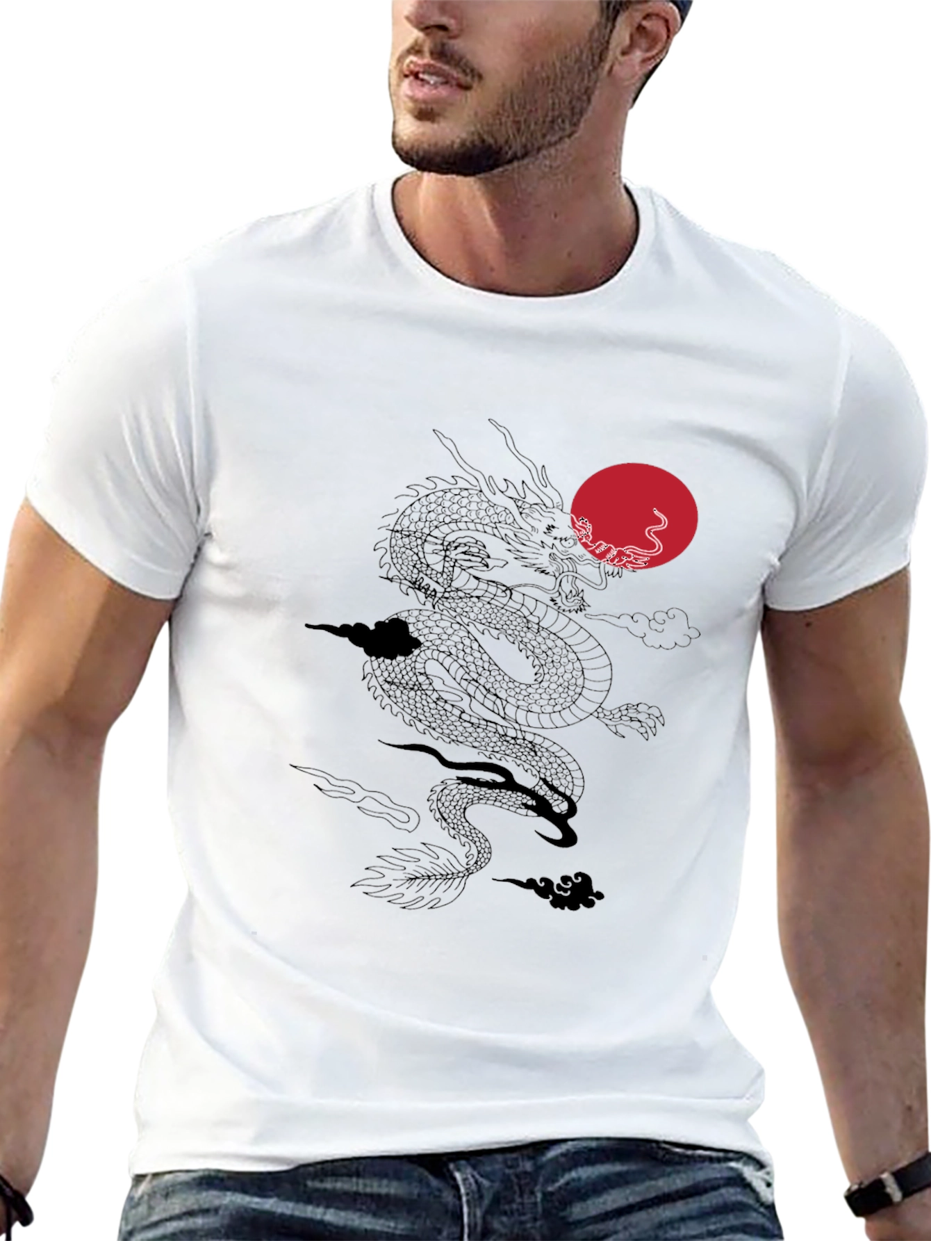 Dragon & Sun Graphic Tee - Black Casual T-Shirt