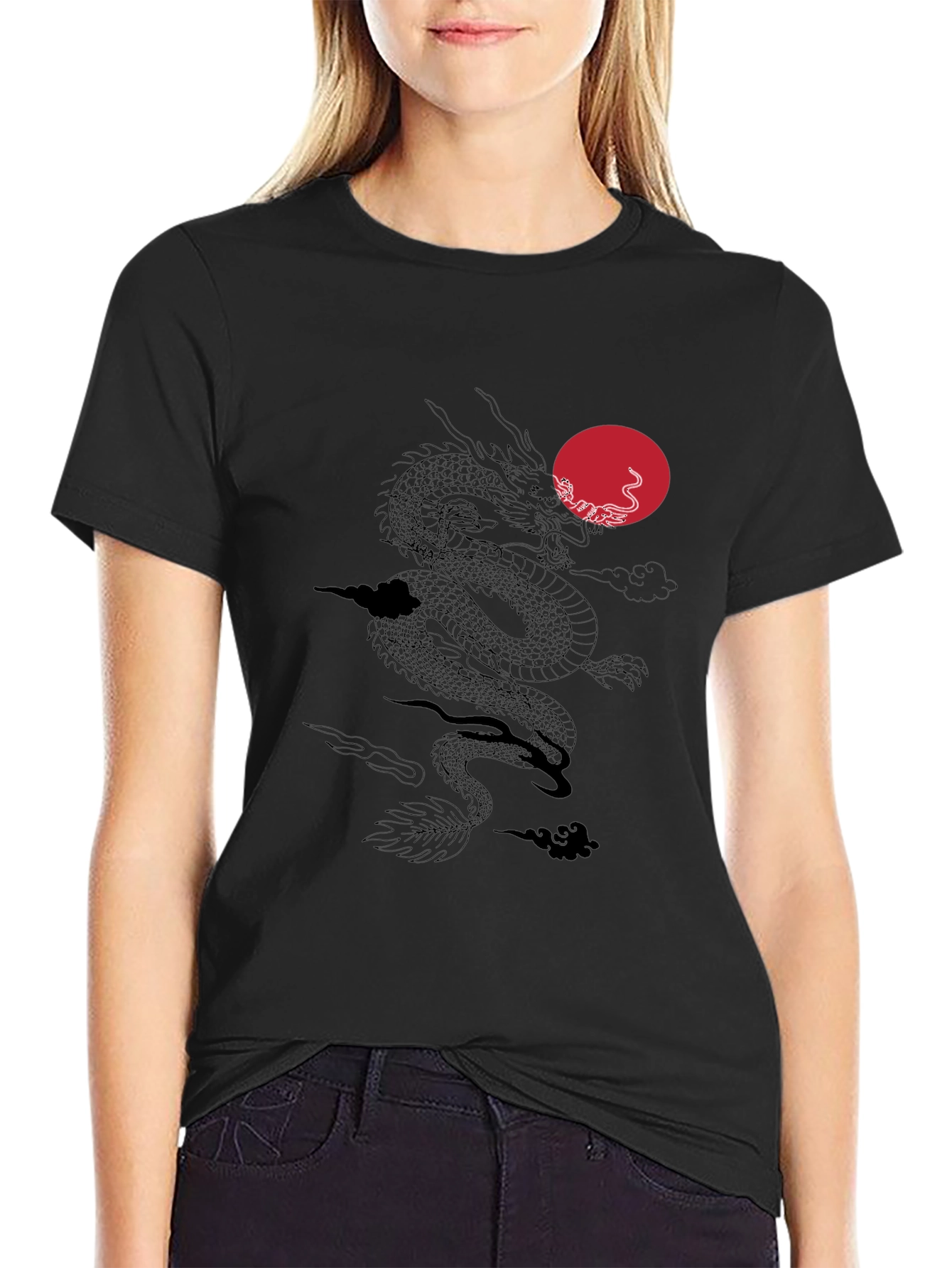 Dragon & Sun Graphic Tee - Black Casual T-Shirt