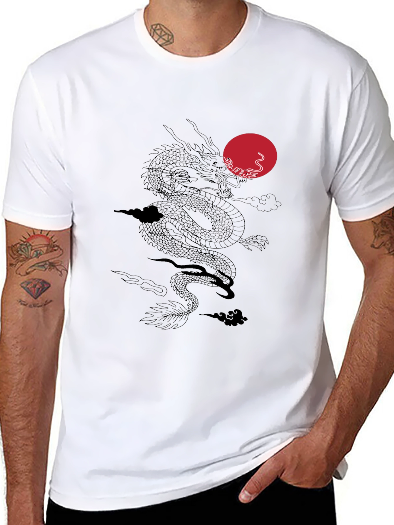 Dragon & Sun Graphic Tee - Black Casual T-Shirt