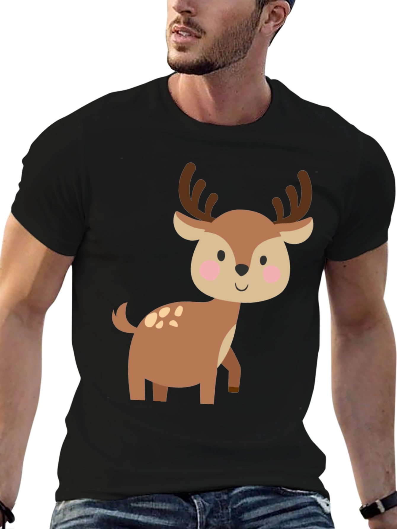 Cute Deer Graphic Tee - Black Cotton Blend