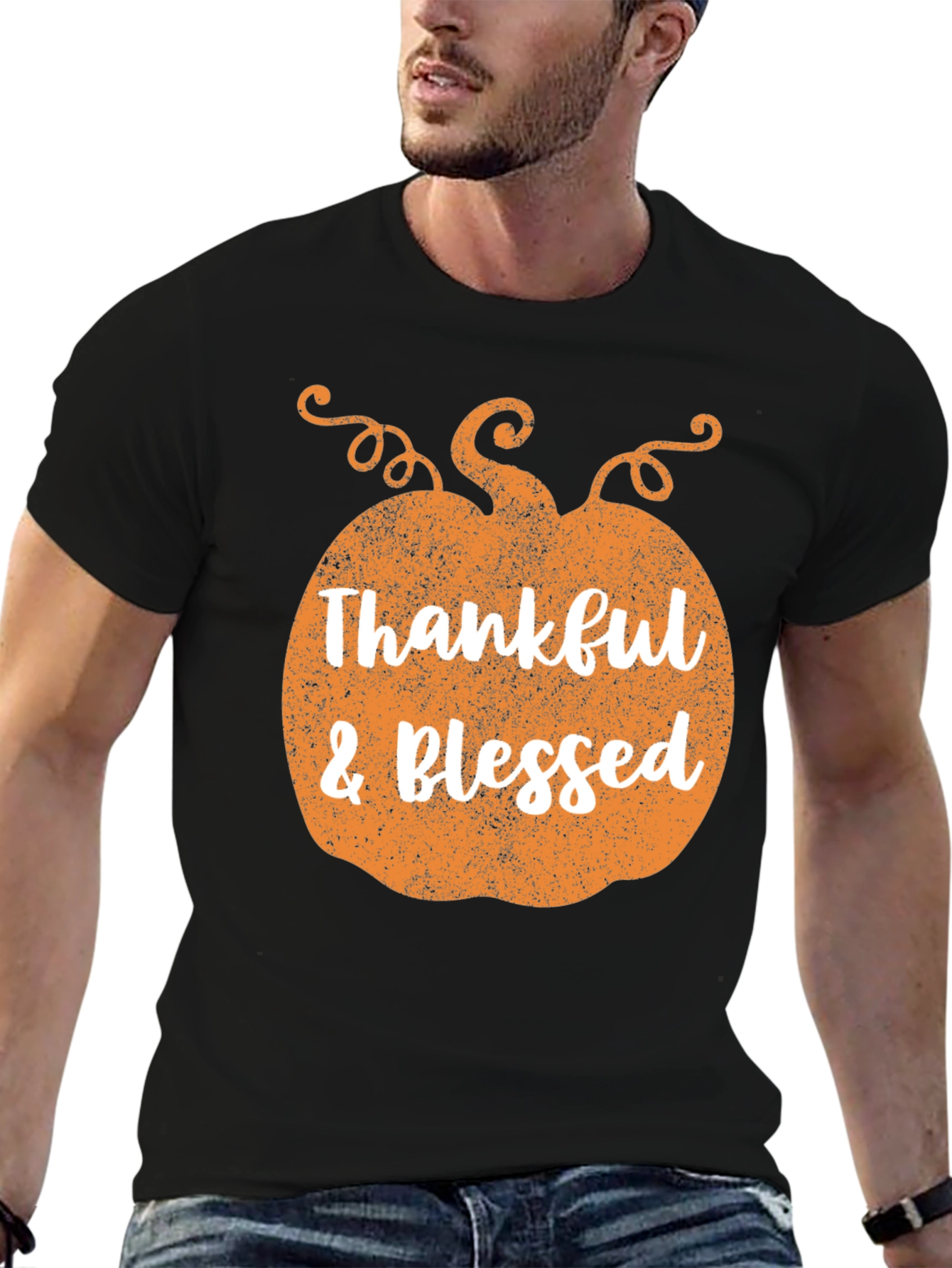 Thankful & Blessed Pumpkin Graphic Tee - Black