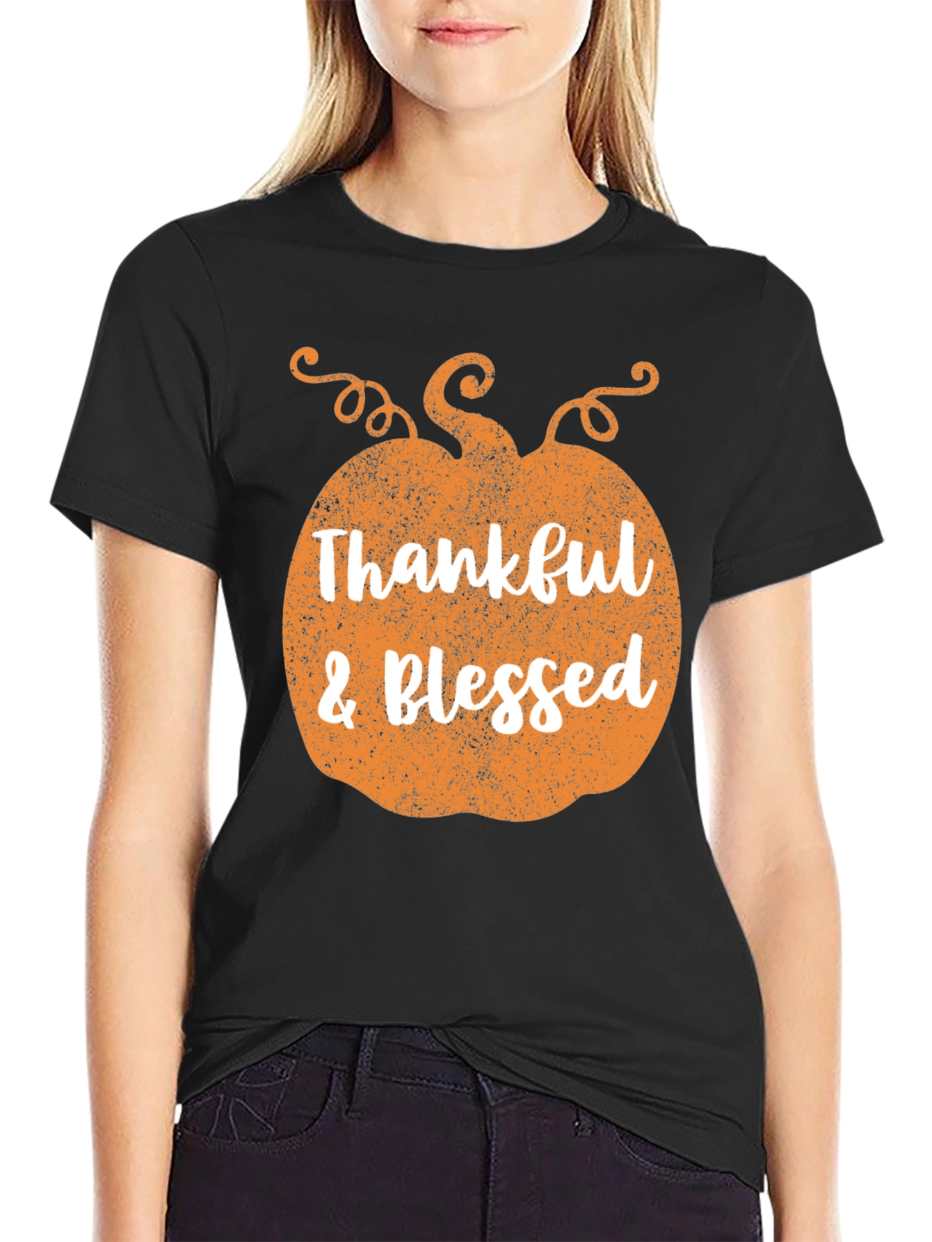 Thankful & Blessed Pumpkin Graphic Tee - Black