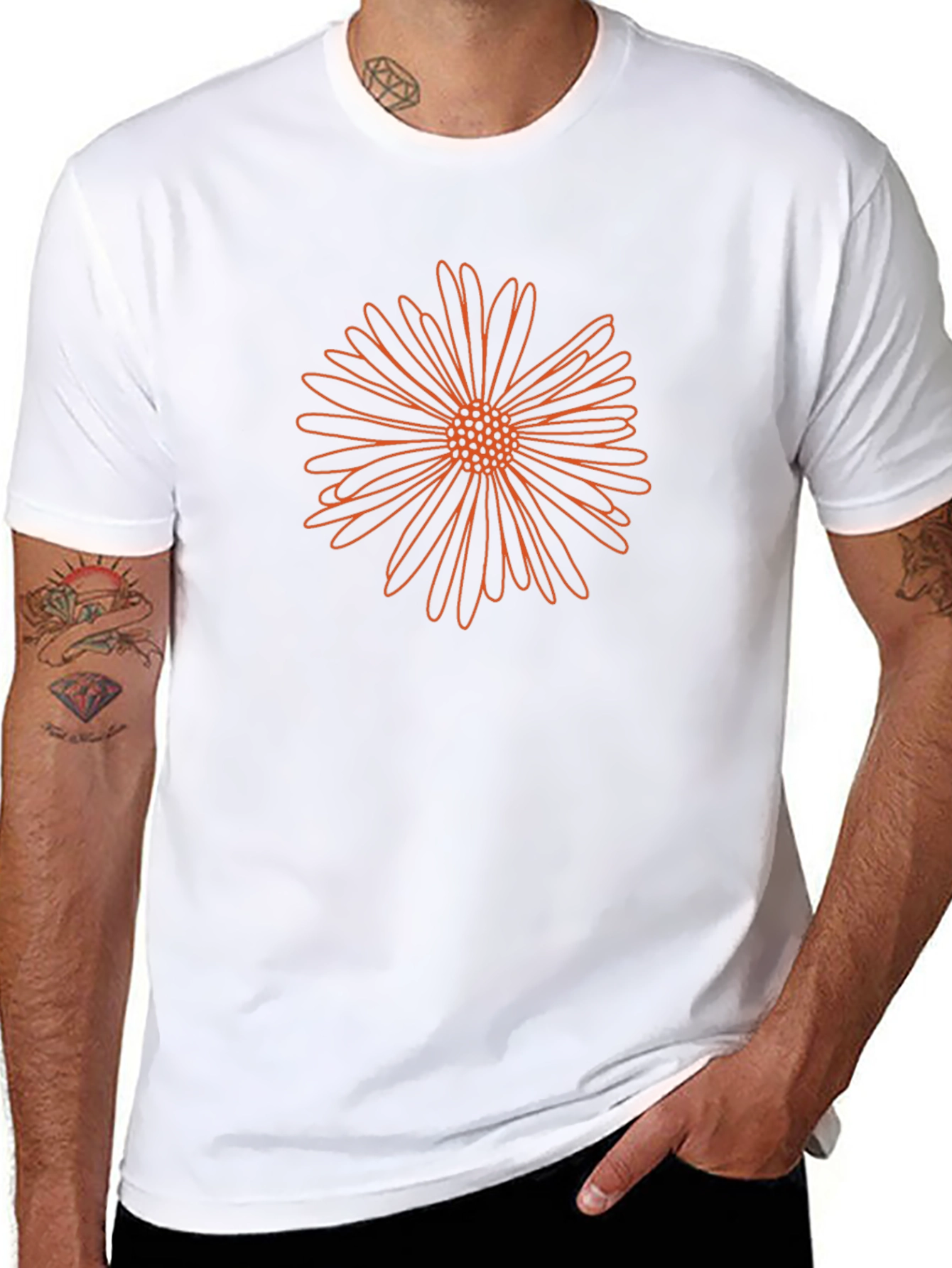 Mens Black T-Shirt with Orange Flower Design