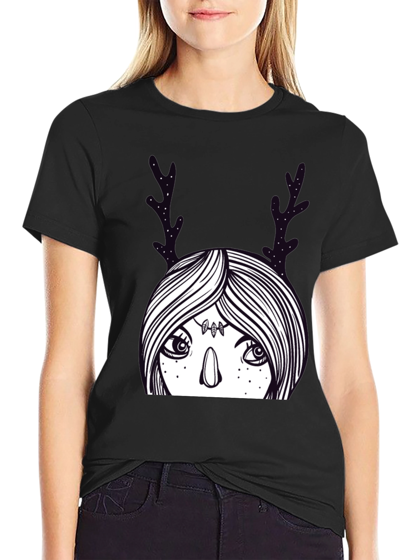Mystic Deer Woman Graphic Tee - Black Cotton Blend