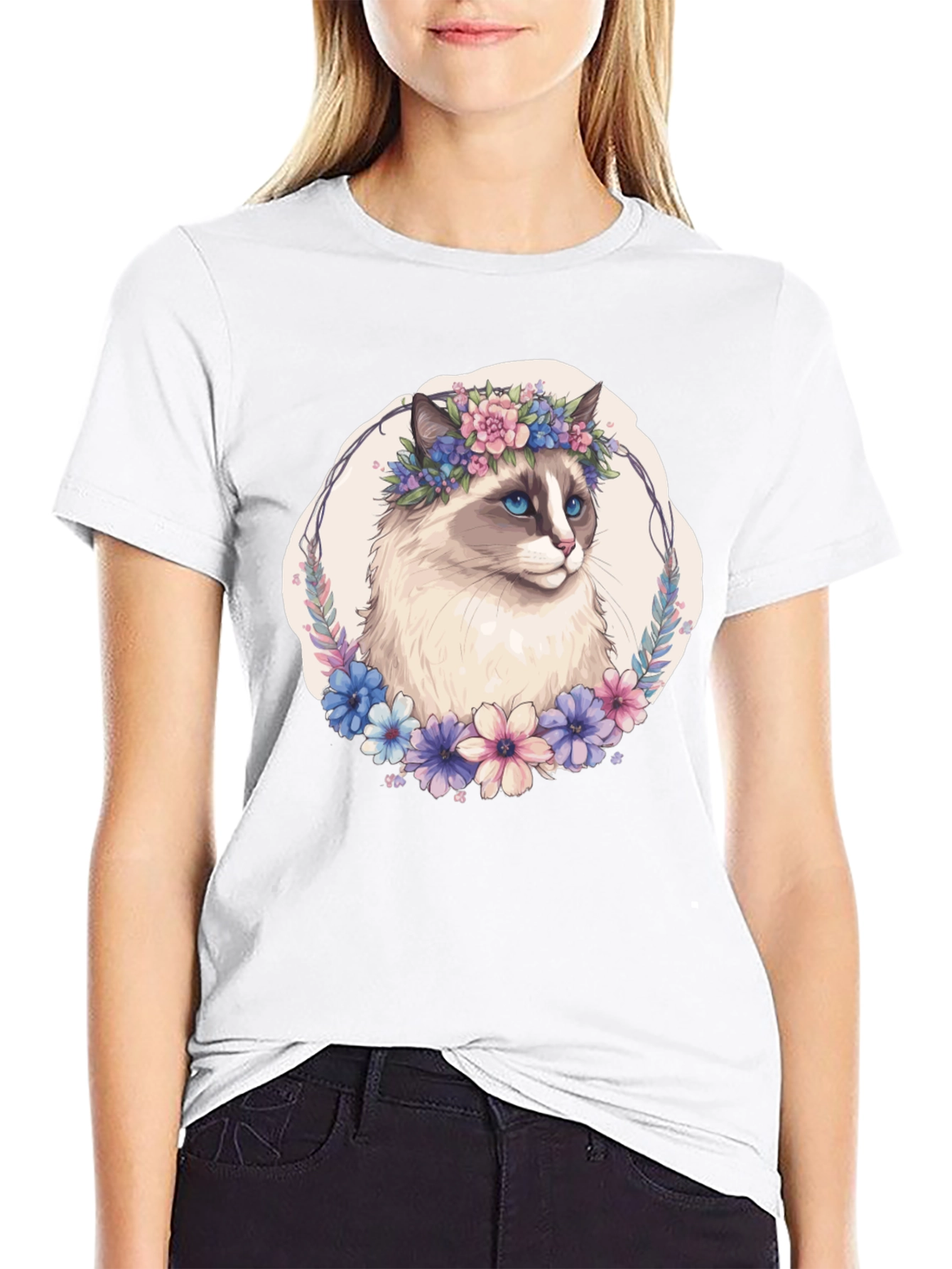 Floral Crown Cat T-Shirt - Unisex Black Tee