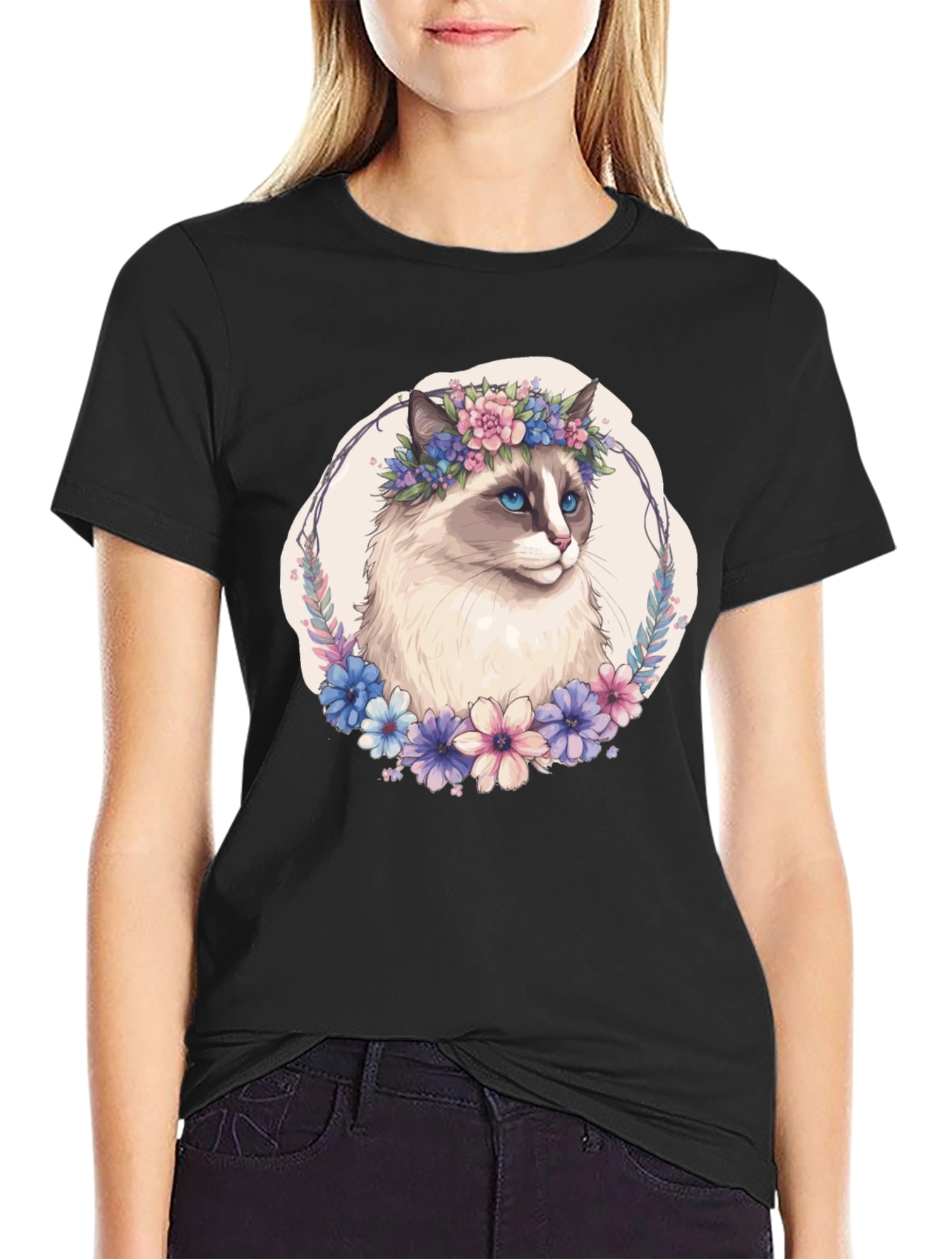 Floral Crown Cat T-Shirt - Unisex Black Tee