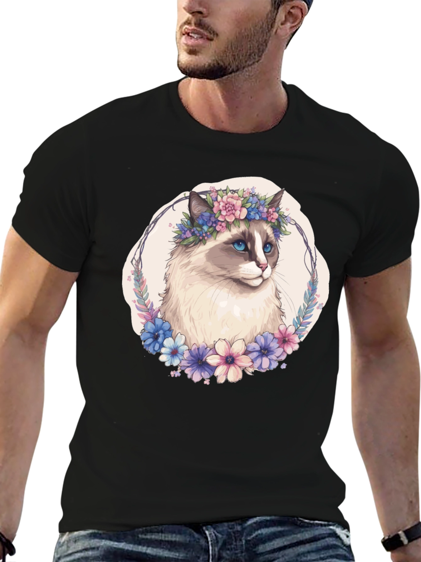 Floral Crown Cat T-Shirt - Unisex Black Tee