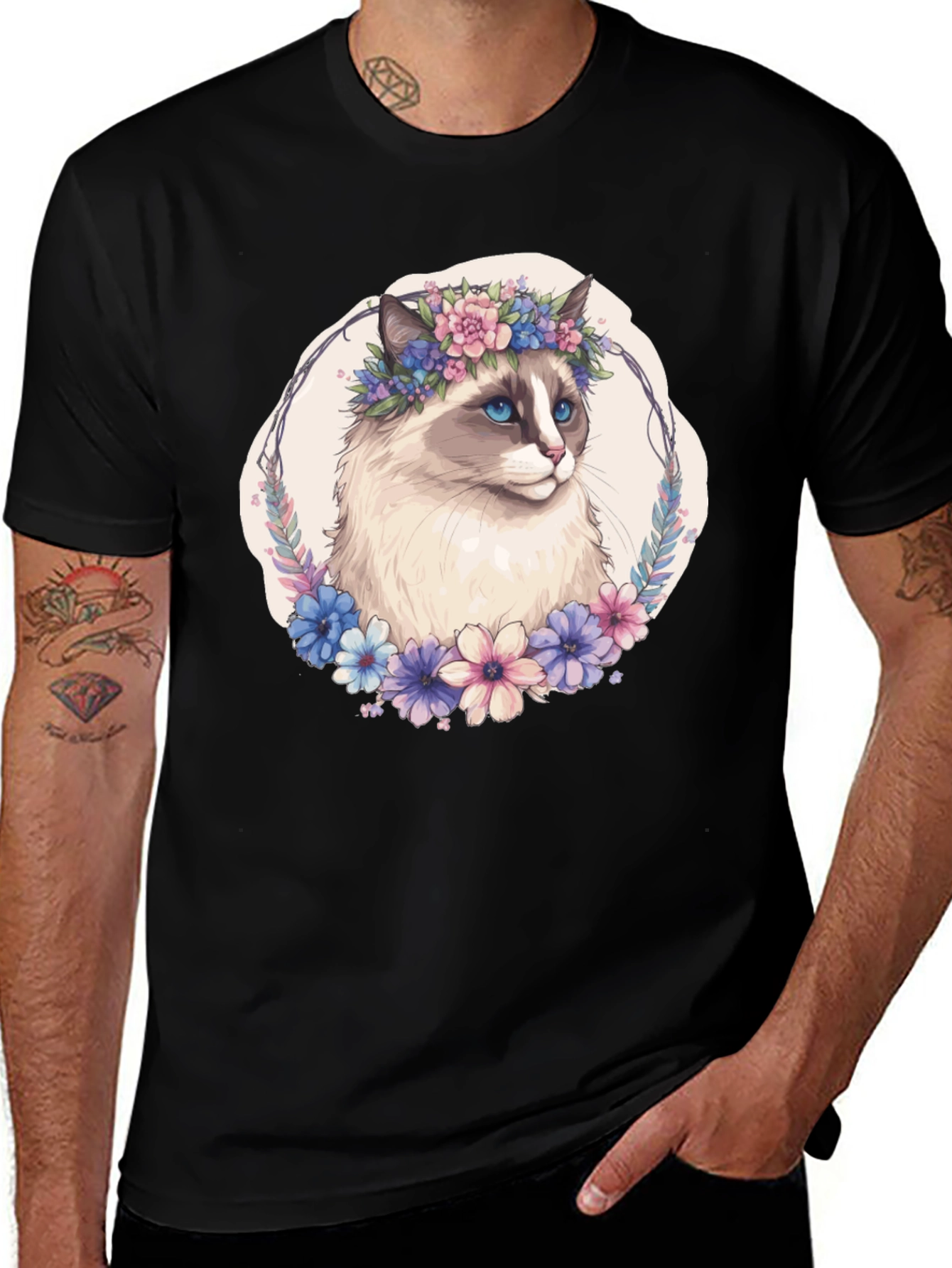 Floral Crown Cat T-Shirt - Unisex Black Tee