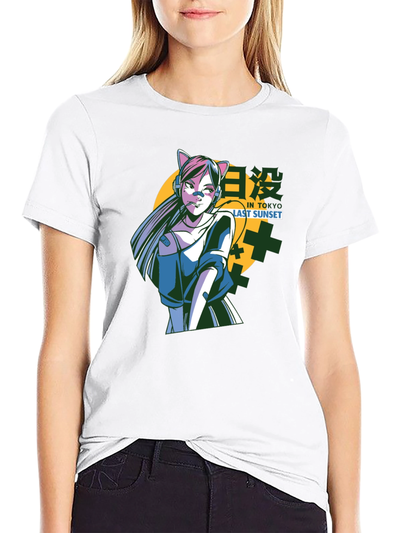 Anime Cat Girl T-Shirt - Tokyo Sunset Design