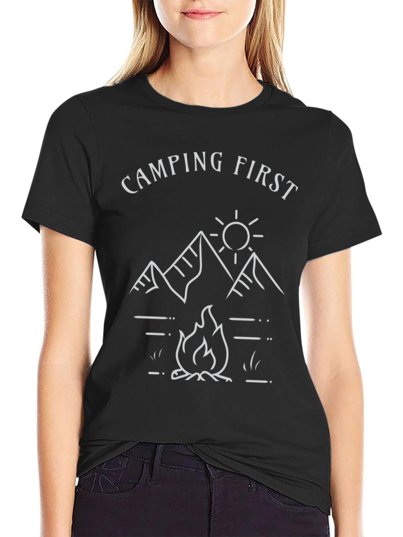 Camping First T-Shirt | Mountain & Campfire Design