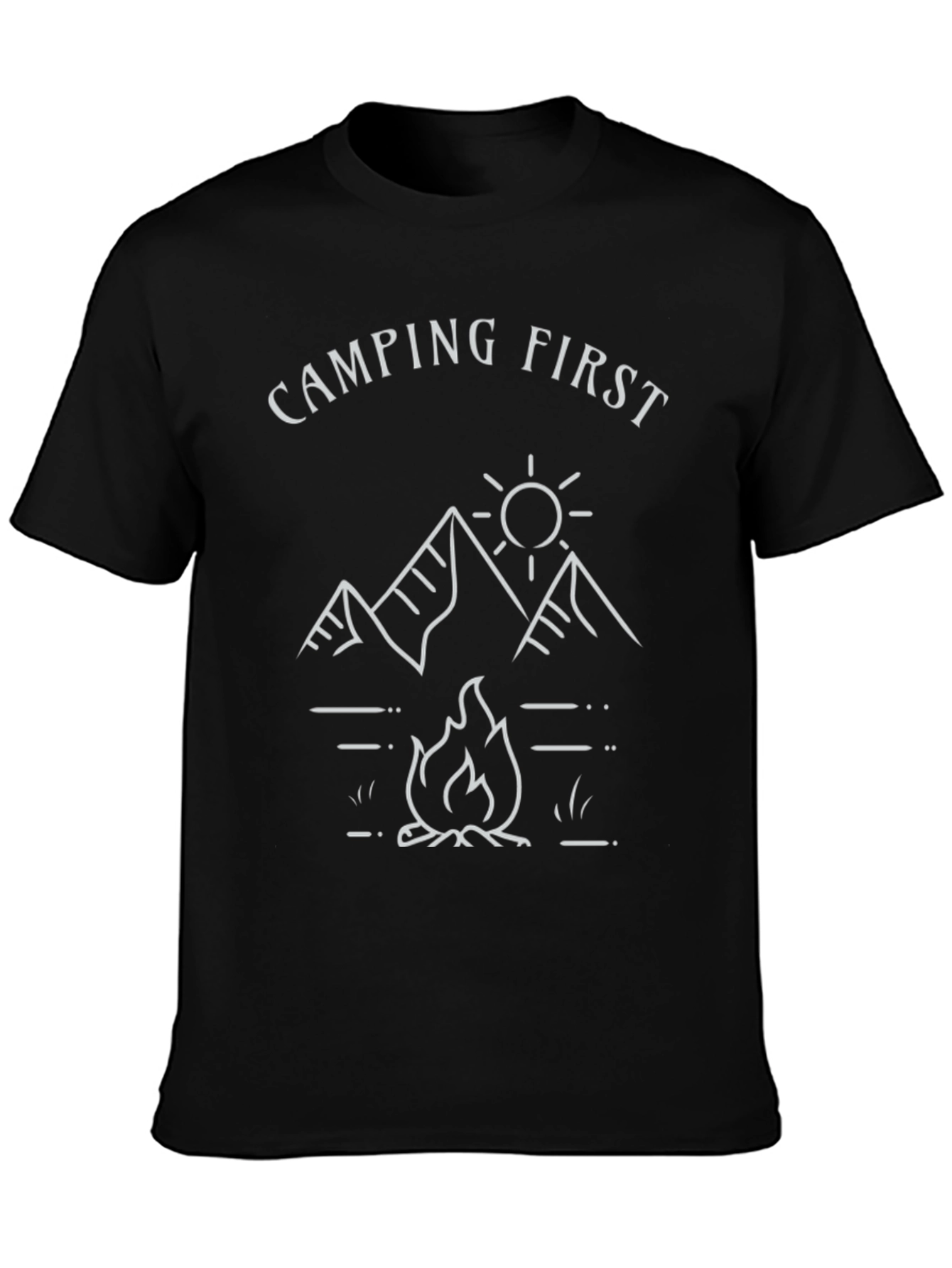 Camping First T-Shirt | Mountain & Campfire Design