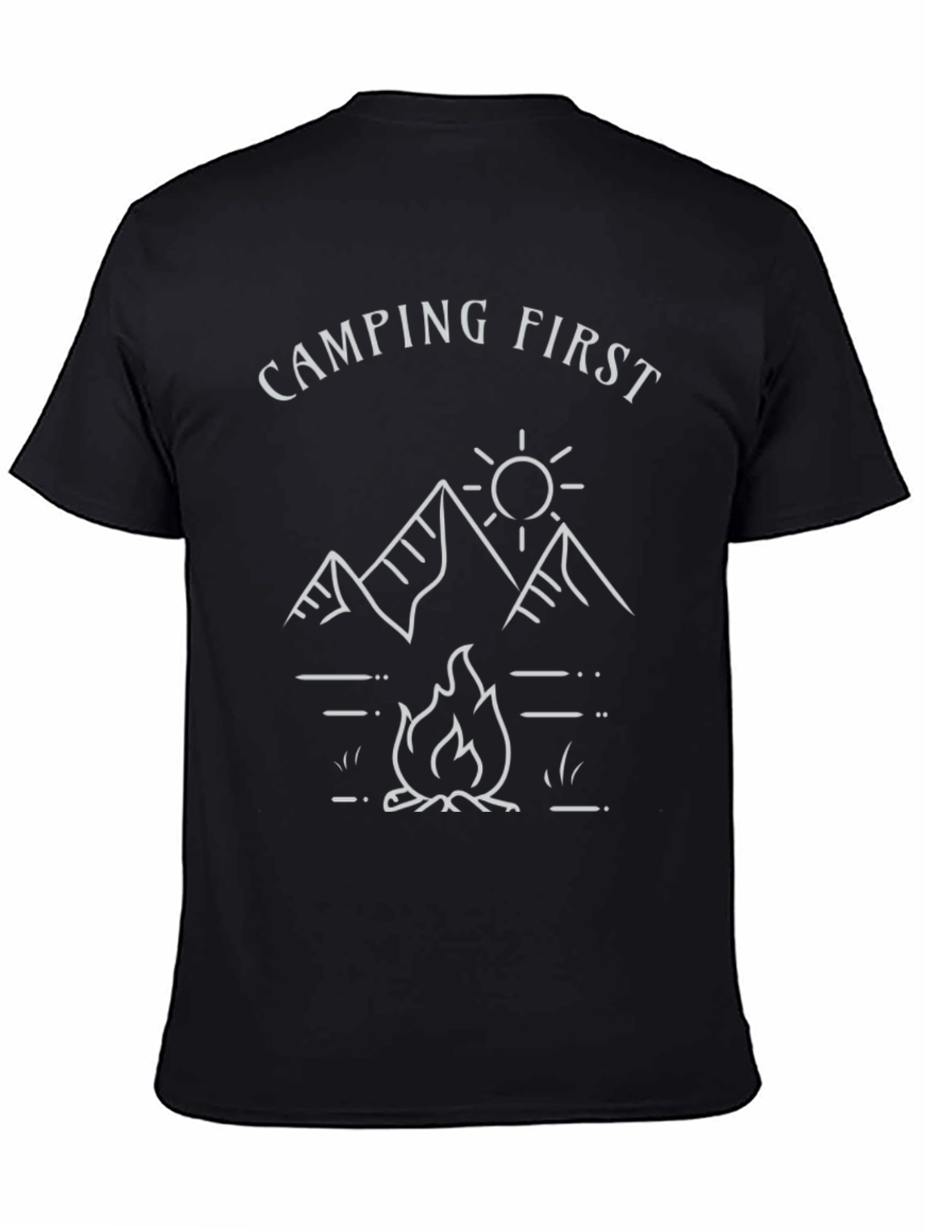 Camping First T-Shirt | Mountain & Campfire Design
