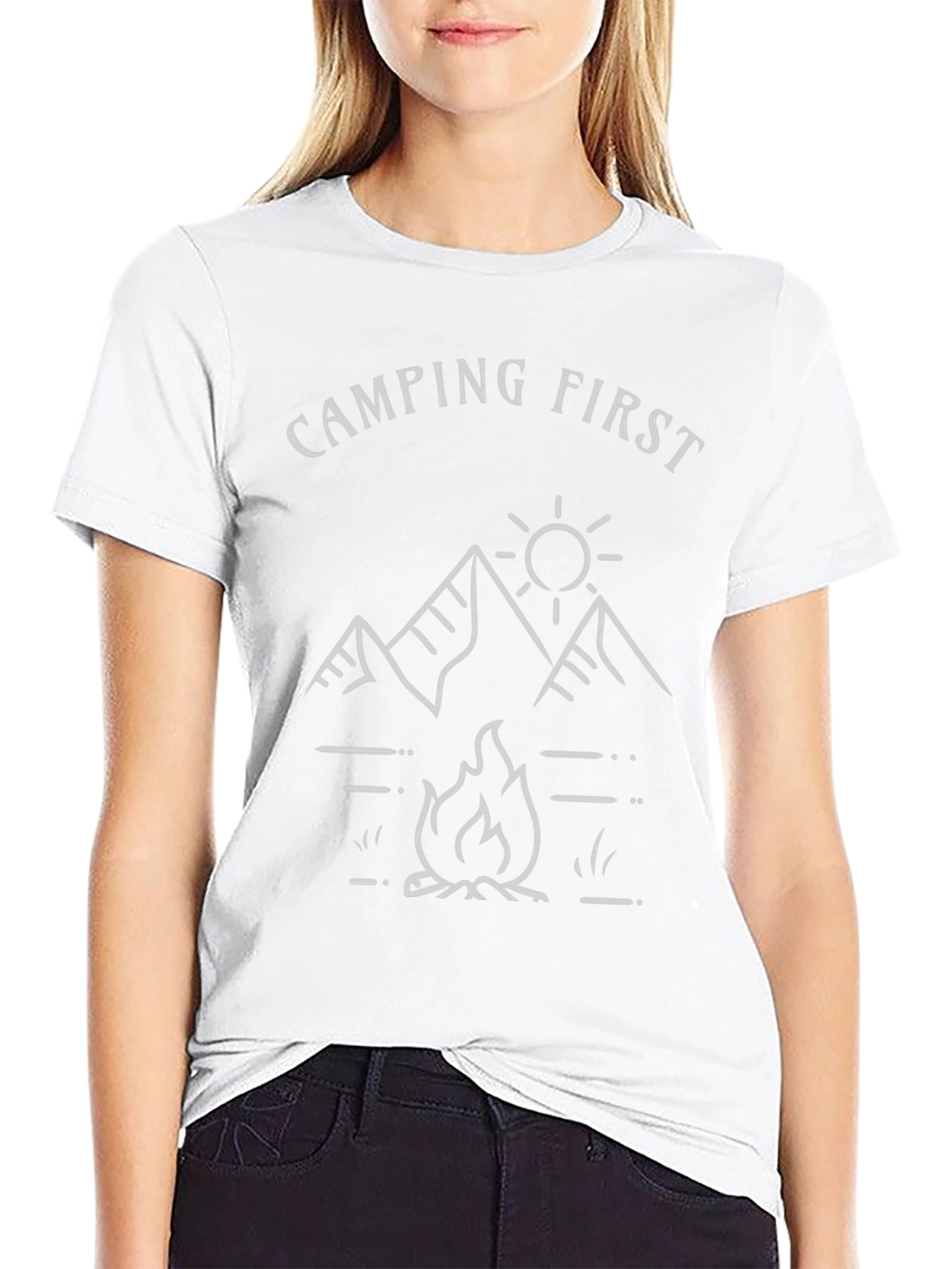 Camping First T-Shirt | Mountain & Campfire Design