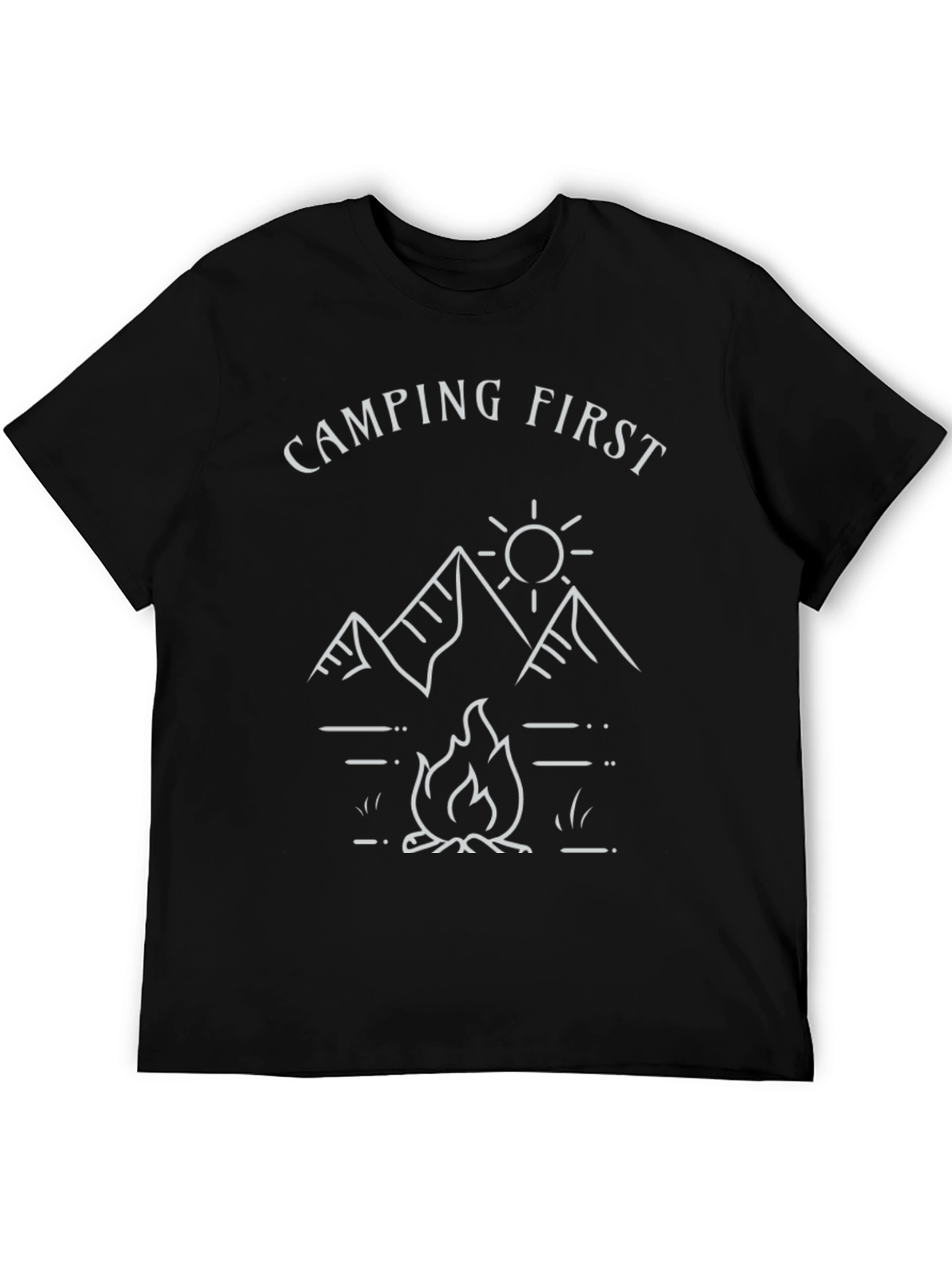 Camping First T-Shirt | Mountain & Campfire Design
