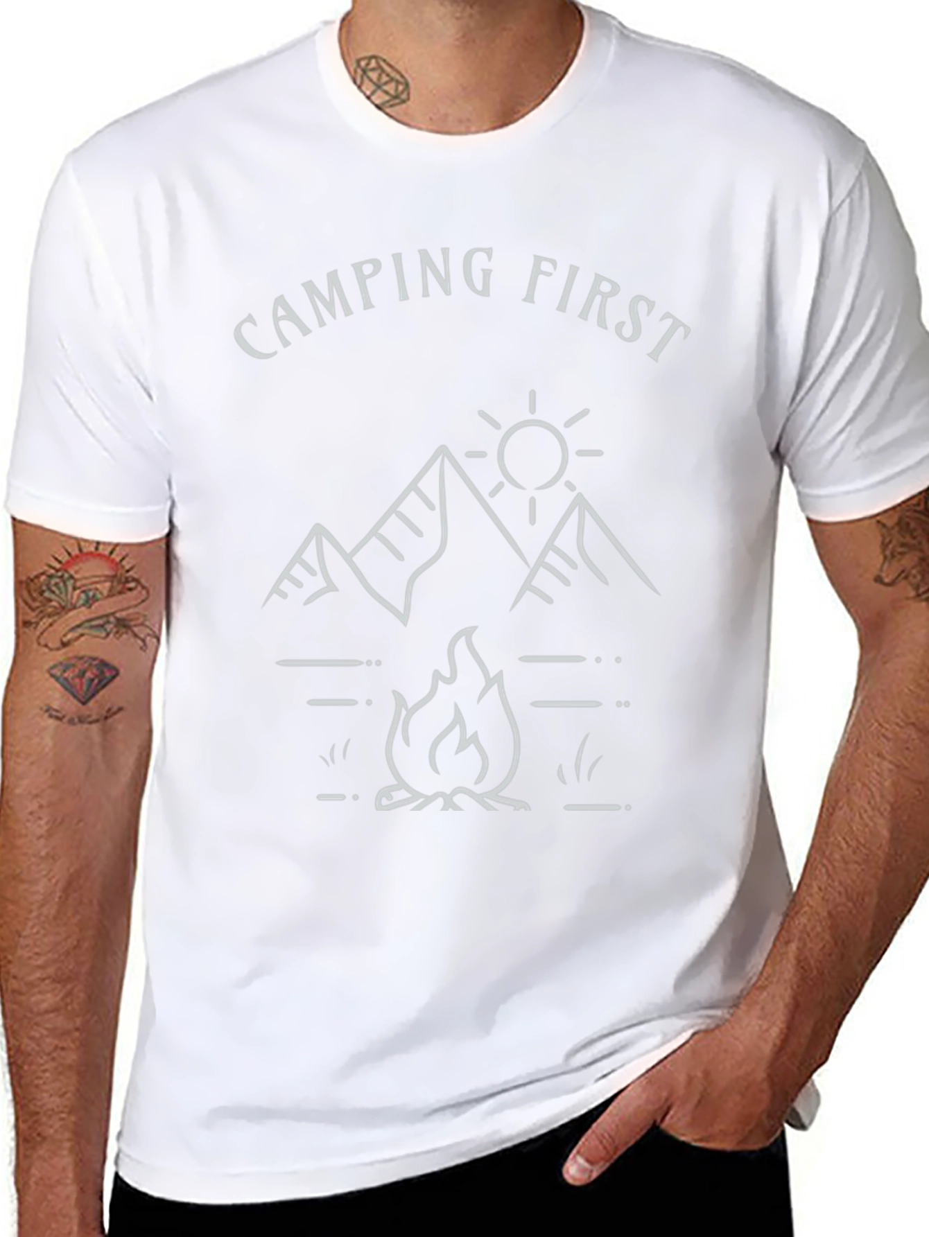Camping First T-Shirt | Mountain & Campfire Design