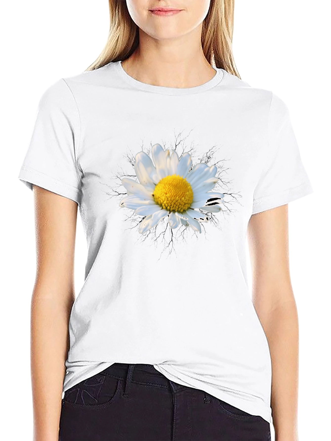 Daisy Graphic Tee - Black Cotton Blend Shirt