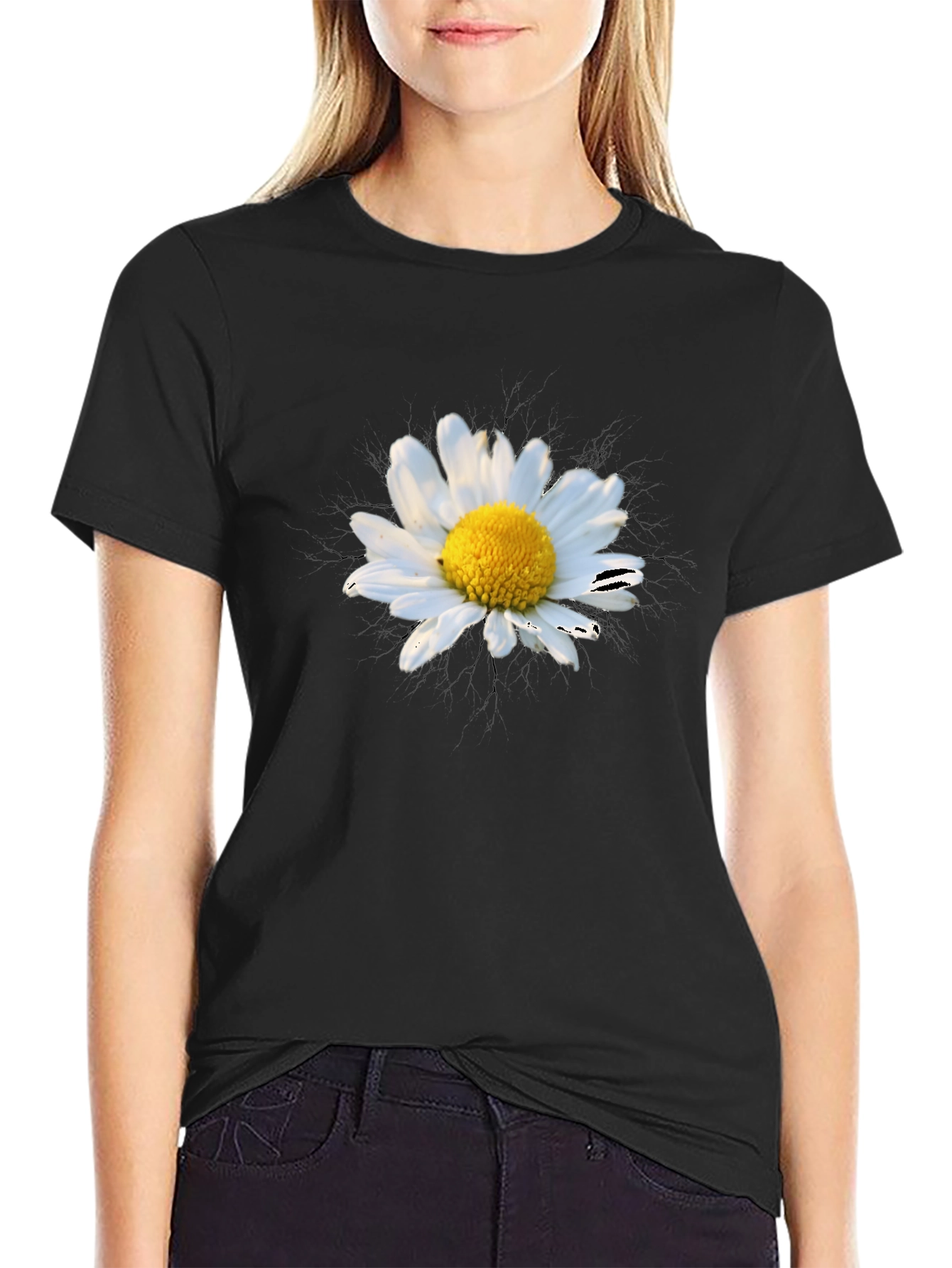 Daisy Graphic Tee - Black Cotton Blend Shirt