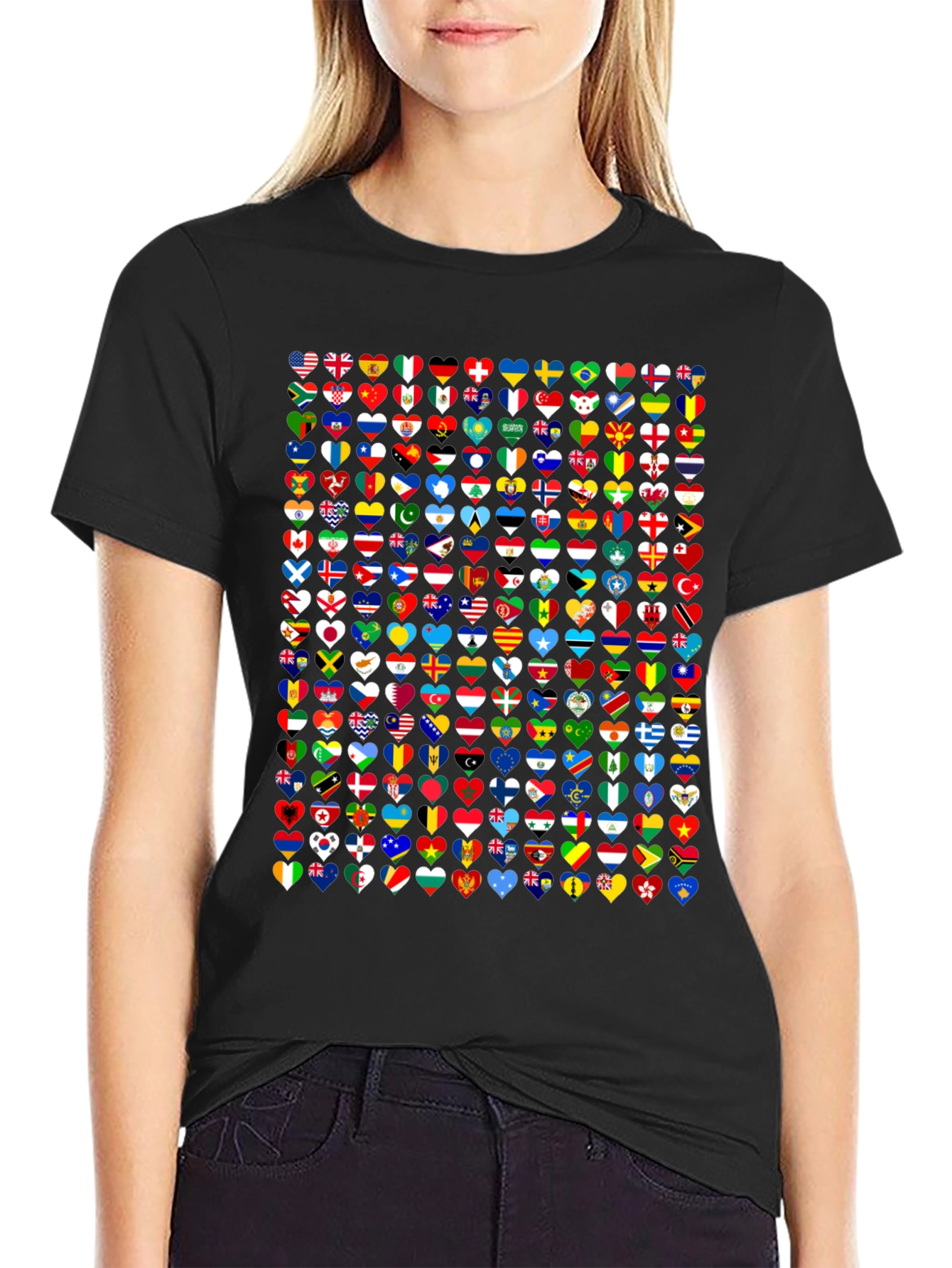 World Flags Heart Graphic Tee - Black
