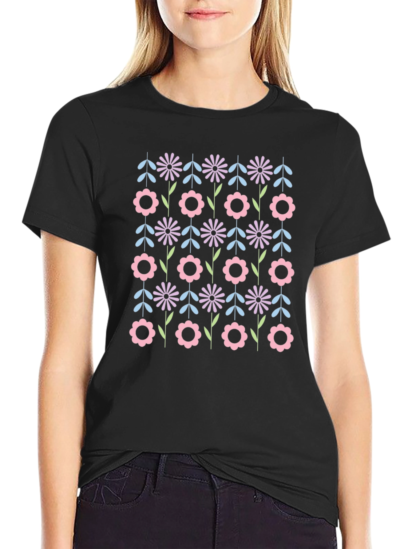 Retro Floral Black T-Shirt - Funky Flower Power