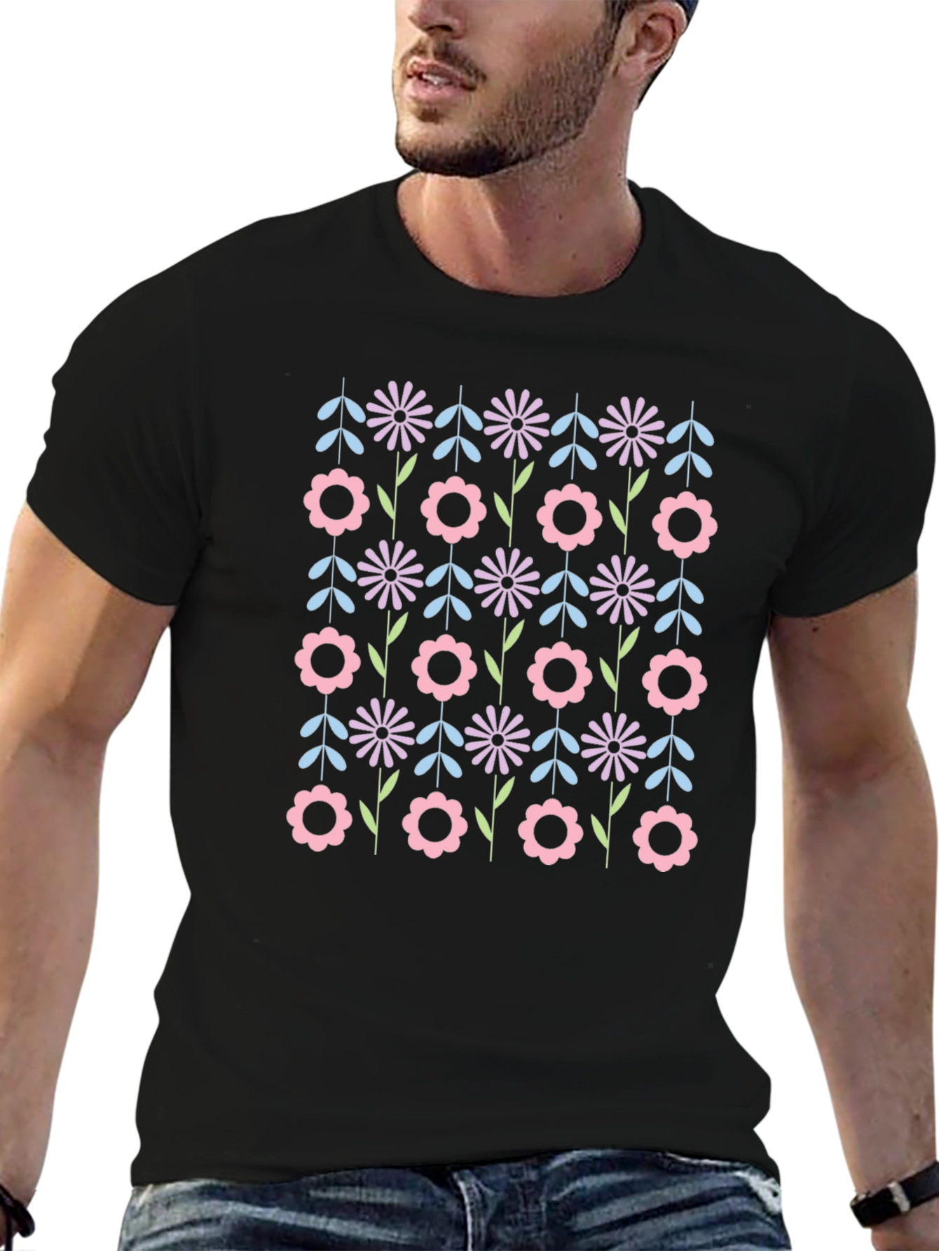 Retro Floral Black T-Shirt - Funky Flower Power