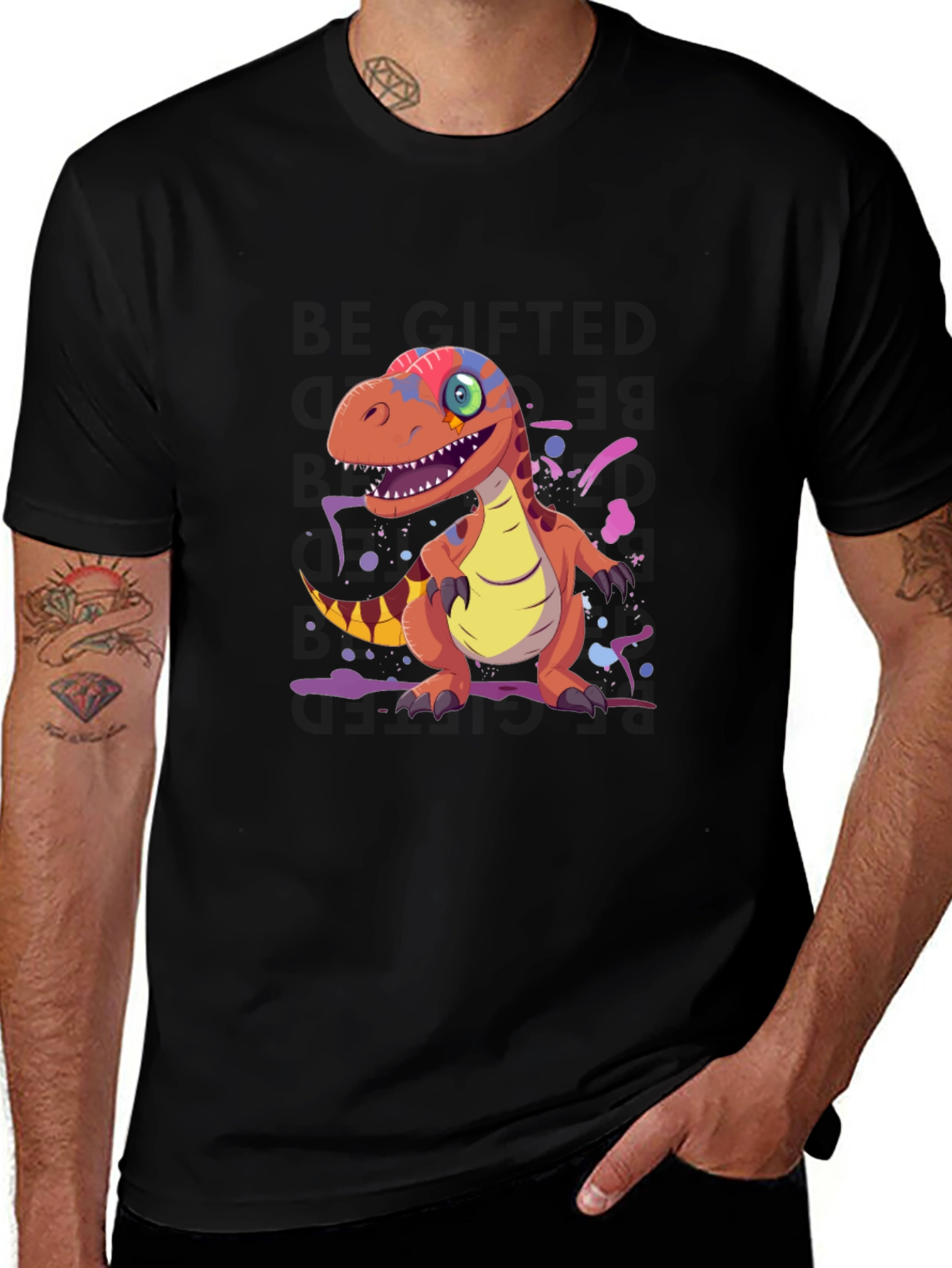 Cartoon Dinosaur Graphic Tee - Black