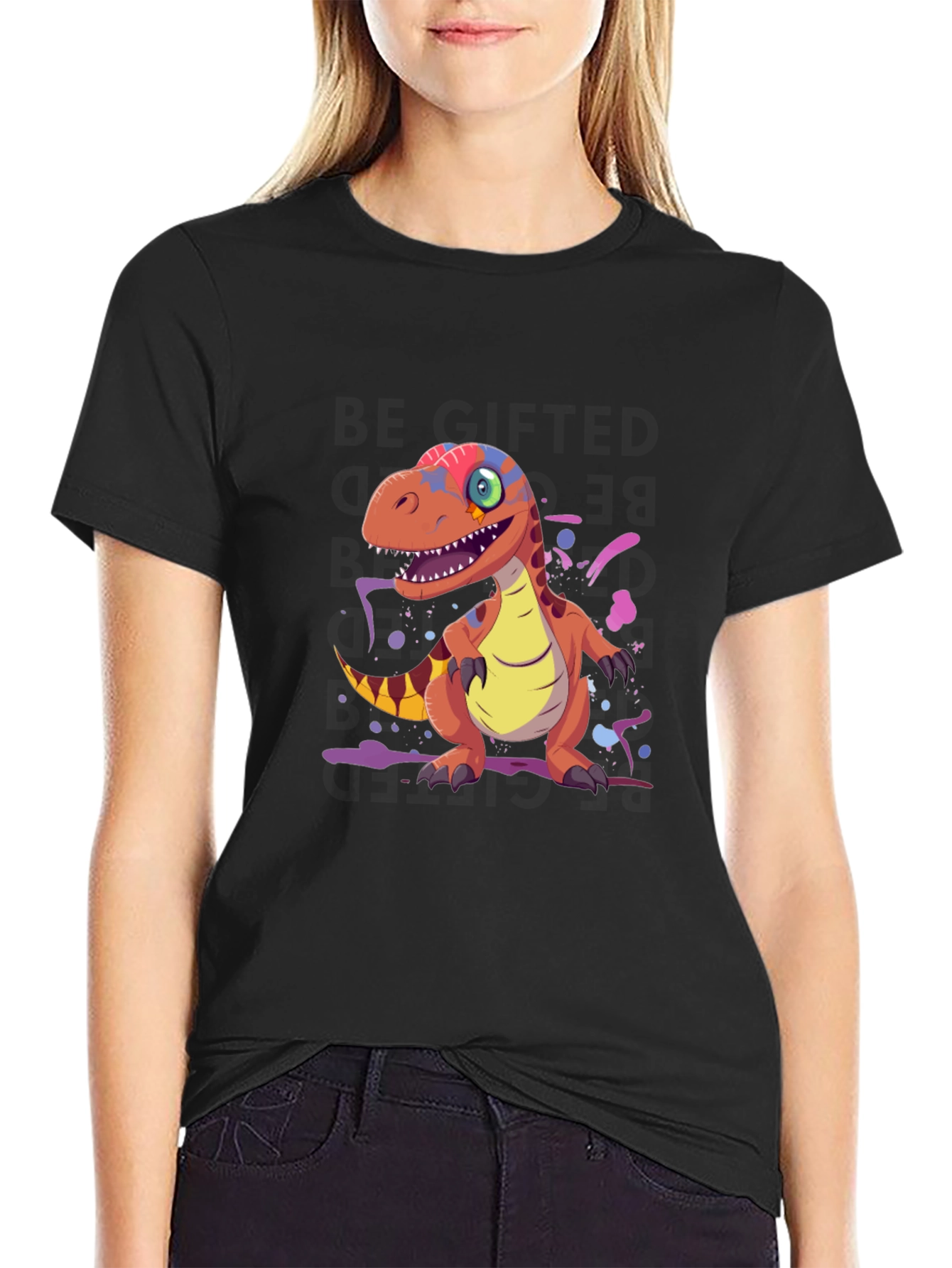 Cartoon Dinosaur Graphic Tee - Black