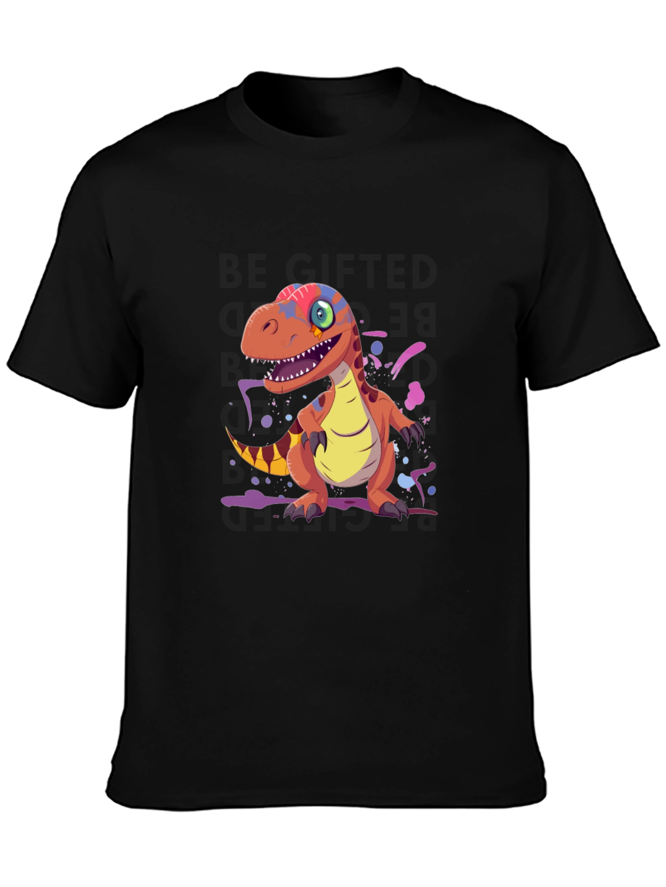 Cartoon Dinosaur Graphic Tee - Black