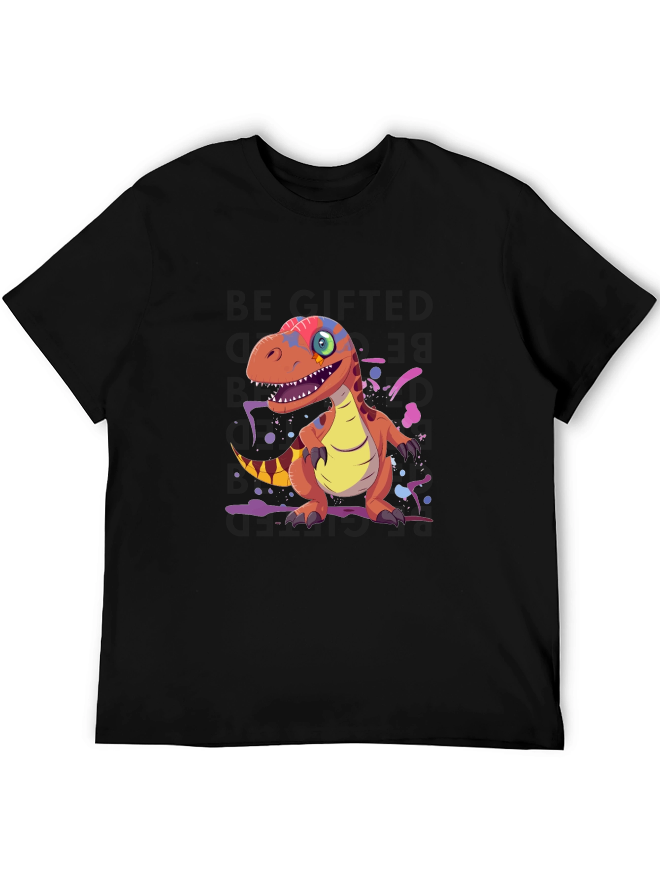 Cartoon Dinosaur Graphic Tee - Black