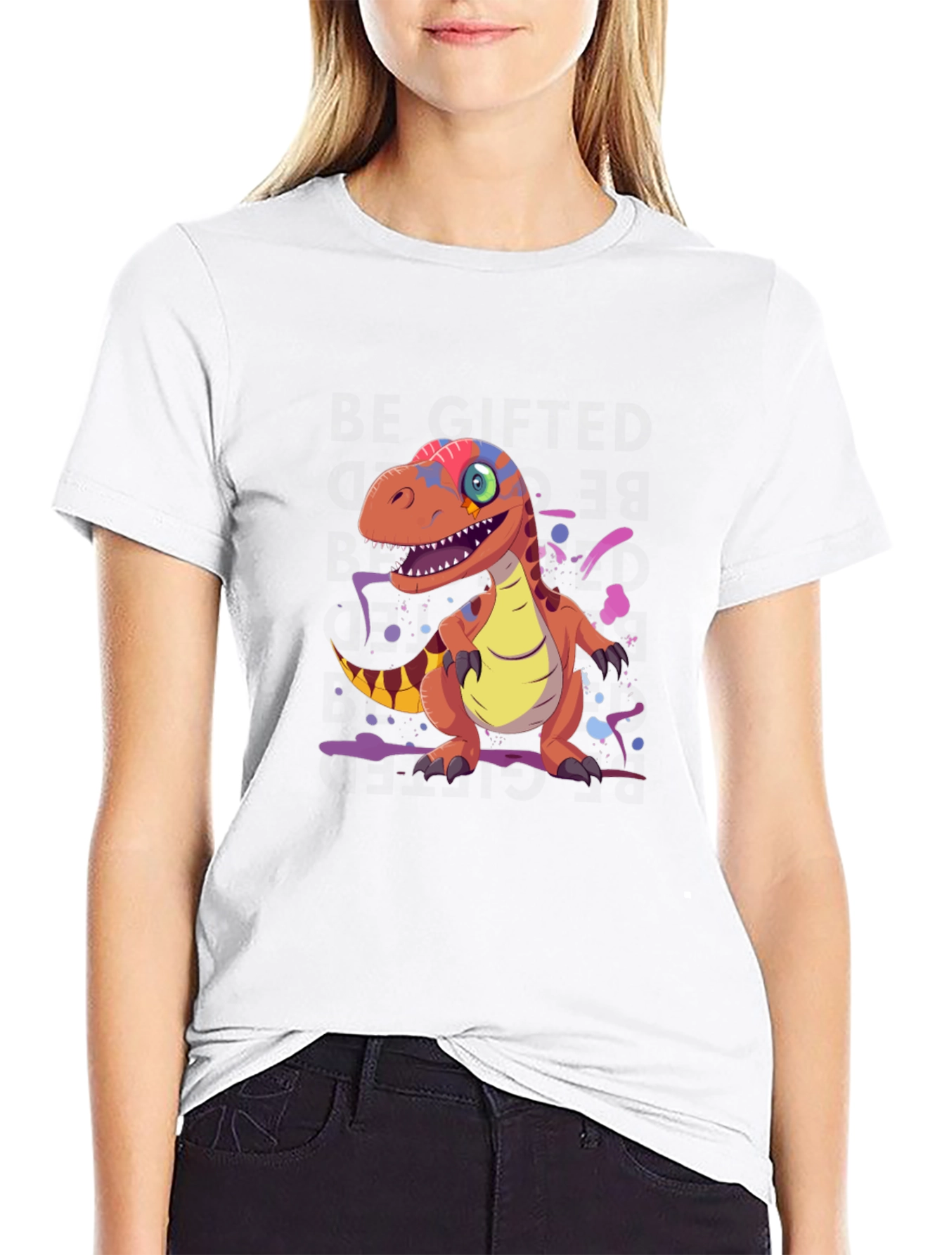 Cartoon Dinosaur Graphic Tee - Black