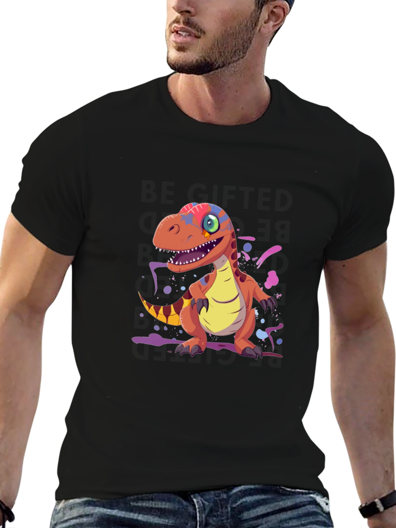 Cartoon Dinosaur Graphic Tee - Black