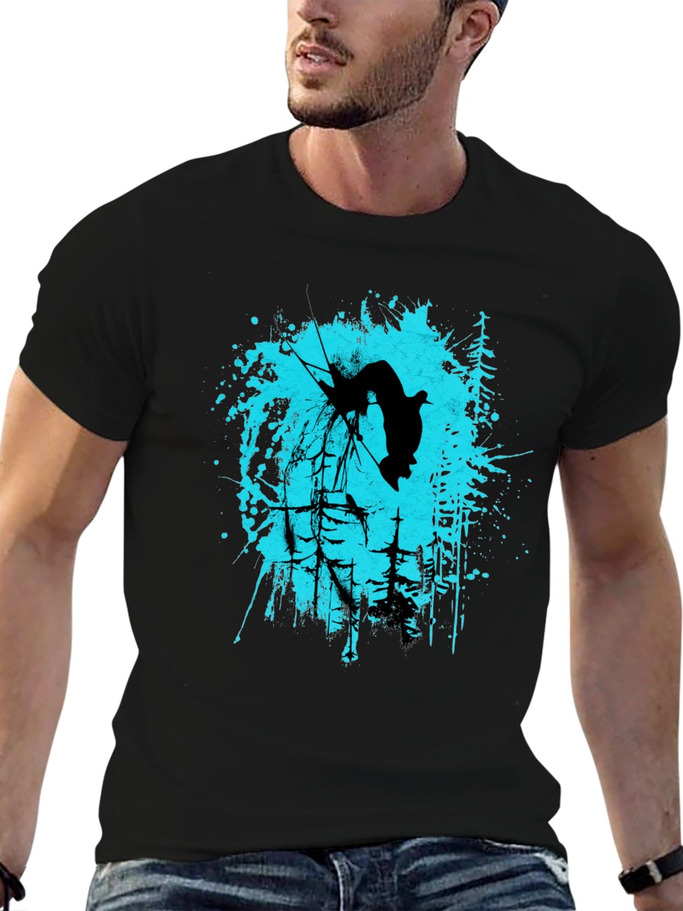 Black T-Shirt with Skier Graphic Design