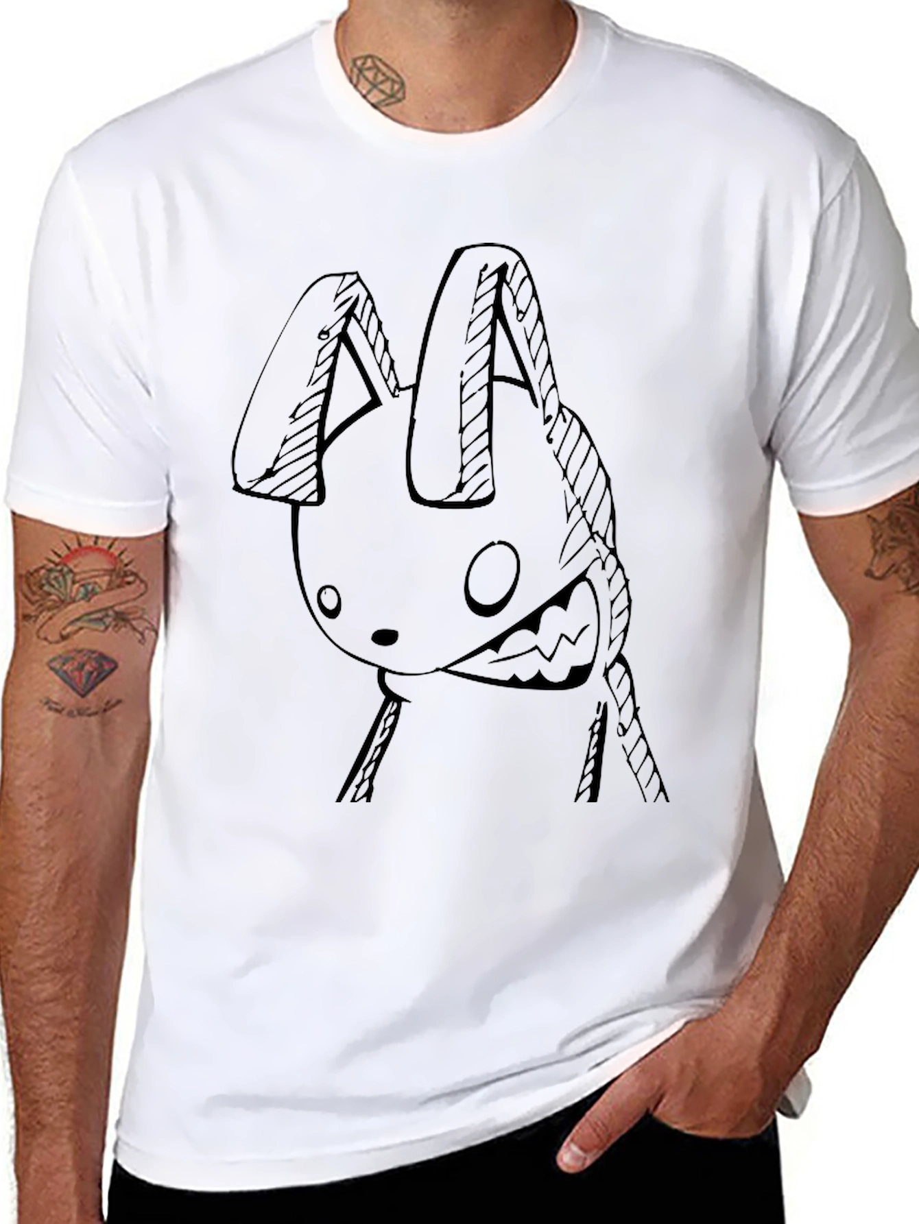 Mens Black T-Shirt with Edgy Bunny Graphic