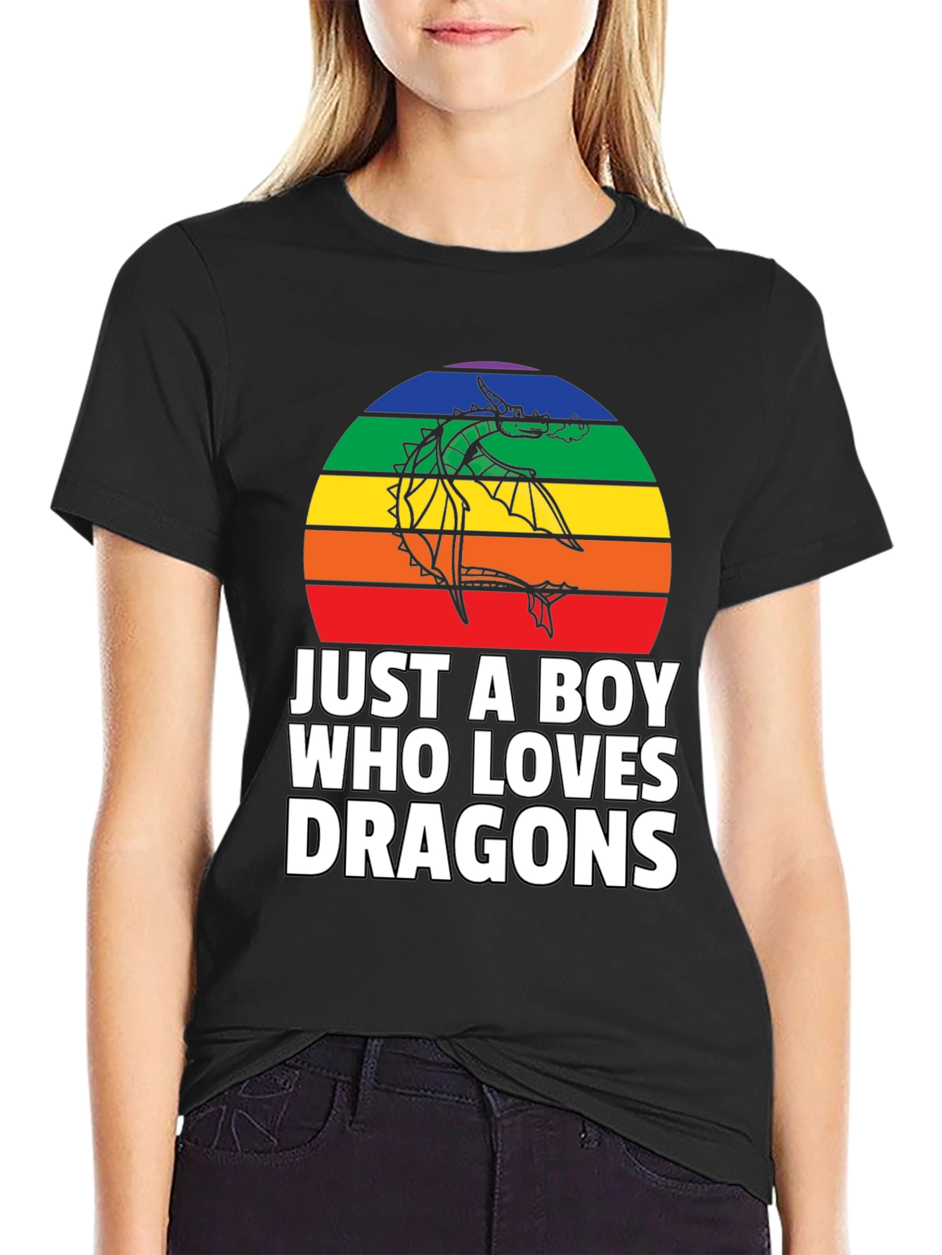 Just a Boy Who Loves Dragons T-Shirt Rainbow Design