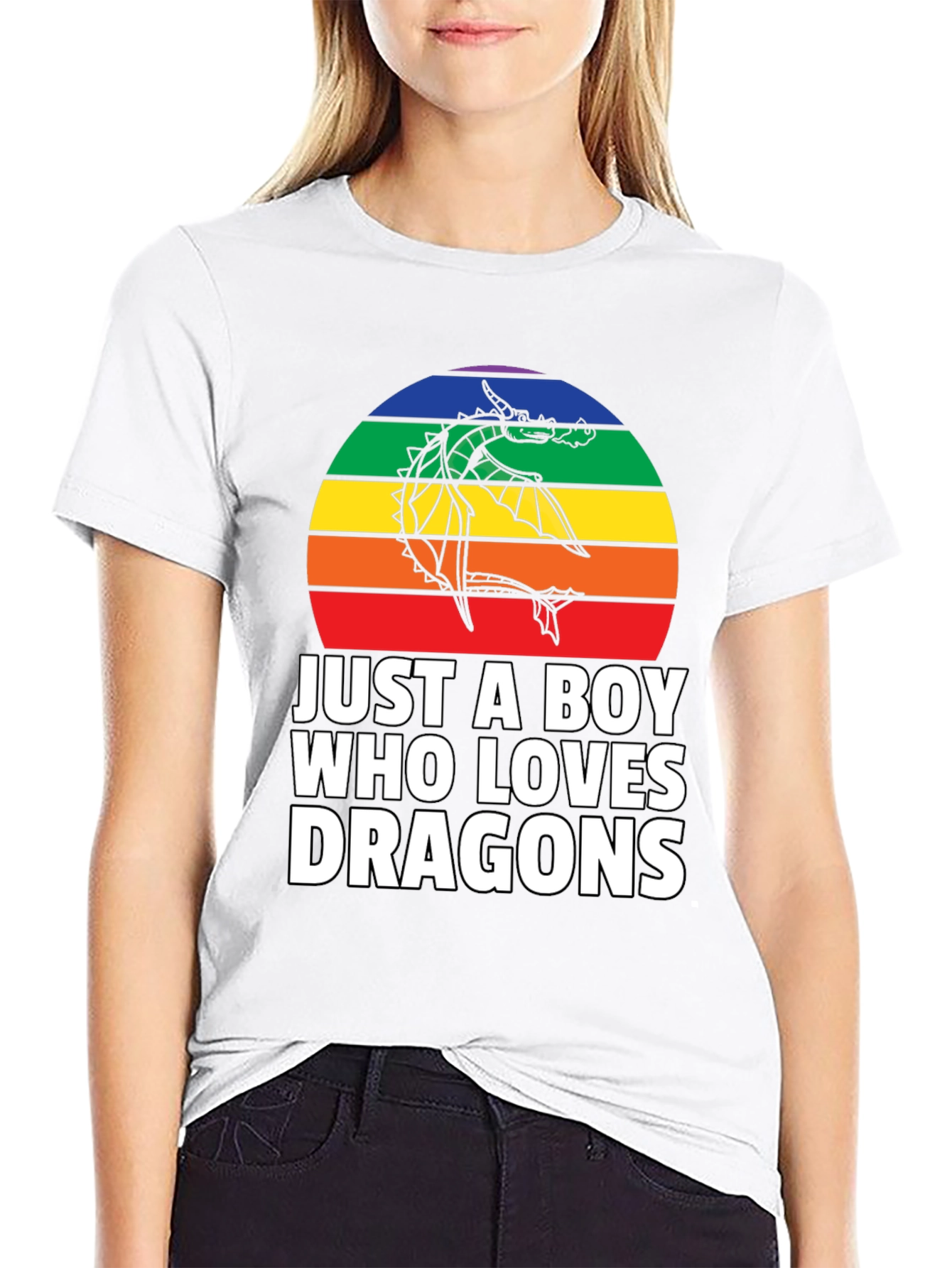 Just a Boy Who Loves Dragons T-Shirt Rainbow Design