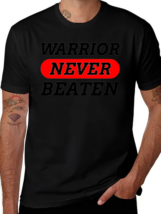 Warrior Never Beaten Graphic Tee - Motivational Black T-Shirt
