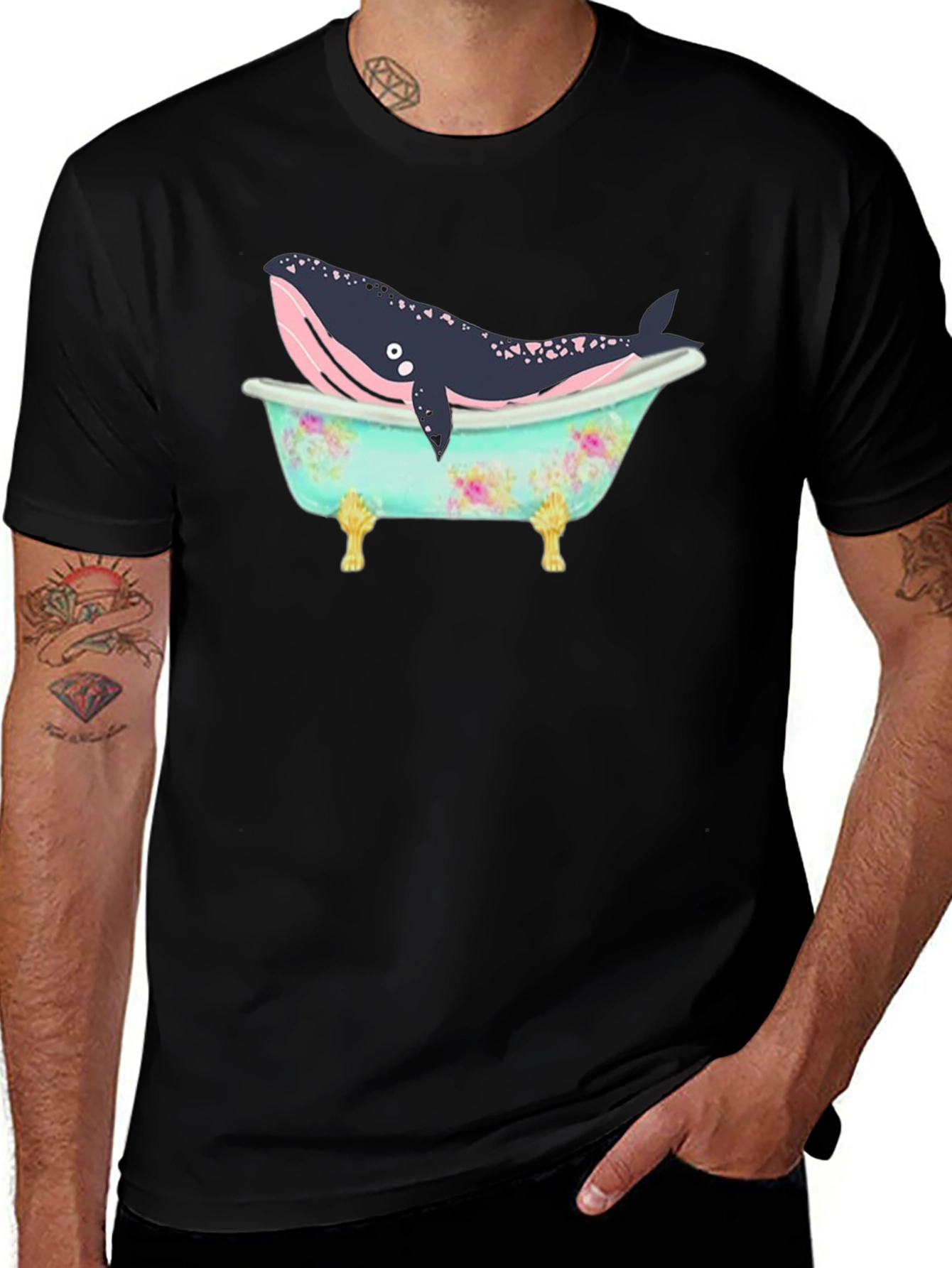 Whale in Tub Graphic Tee - Black Cotton T-Shirt